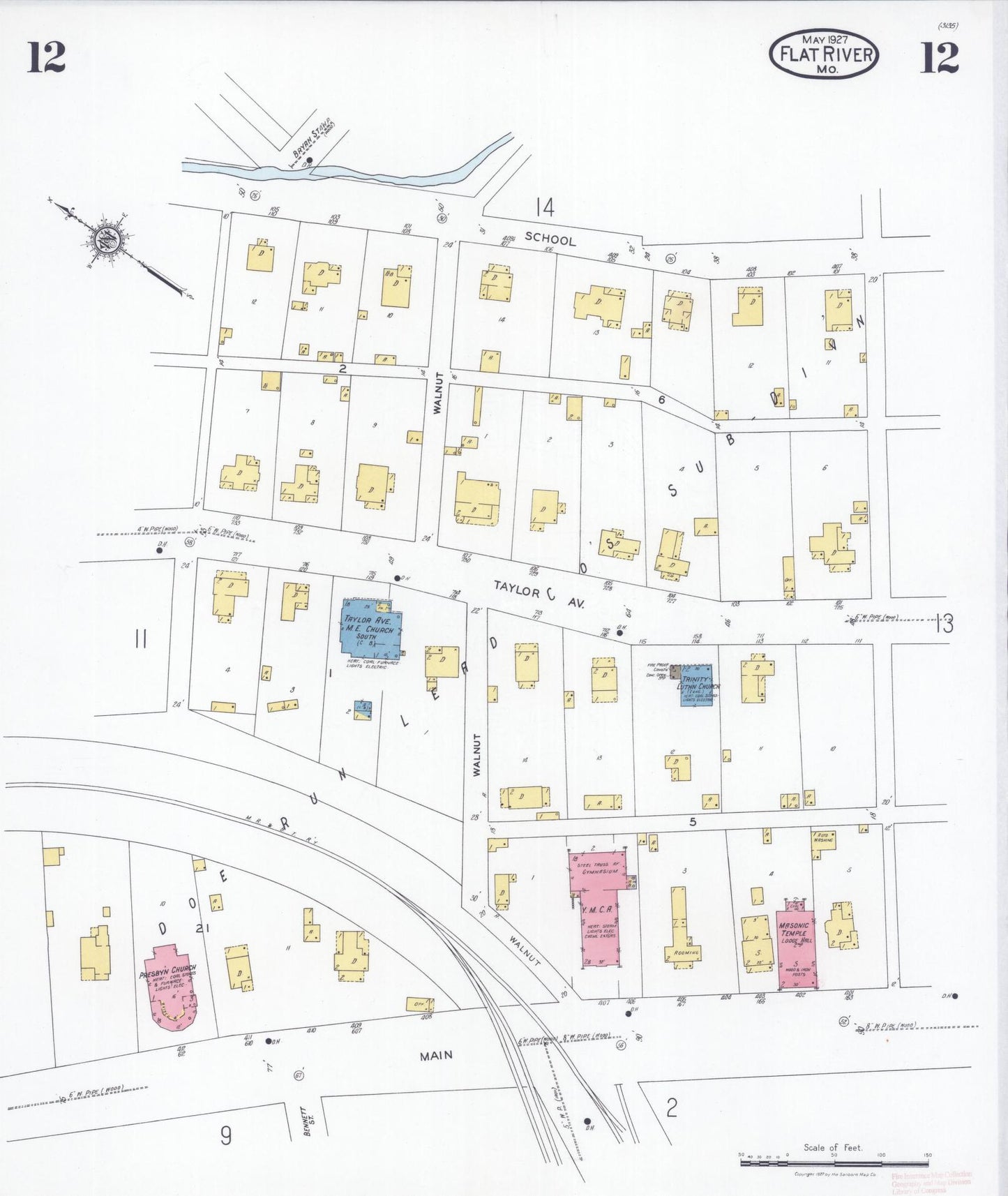 Sanborn Fire Insurance Map from Flat River, Saint Francois County, Missouri (1927), Sheet #0012 - Historic Sanborn Fire Insurance Map Print, vintage old map wall art, antique decor, genealogy gift, Missouri Missouri map
