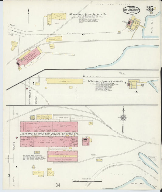 Sanborn Fire Insurance Map from Menominee, Menominee County, Michigan (1913), Sheet #0035 - Historic Sanborn Fire Insurance Map Print, vintage old map wall art, antique decor, genealogy gift, Michigan Michigan map