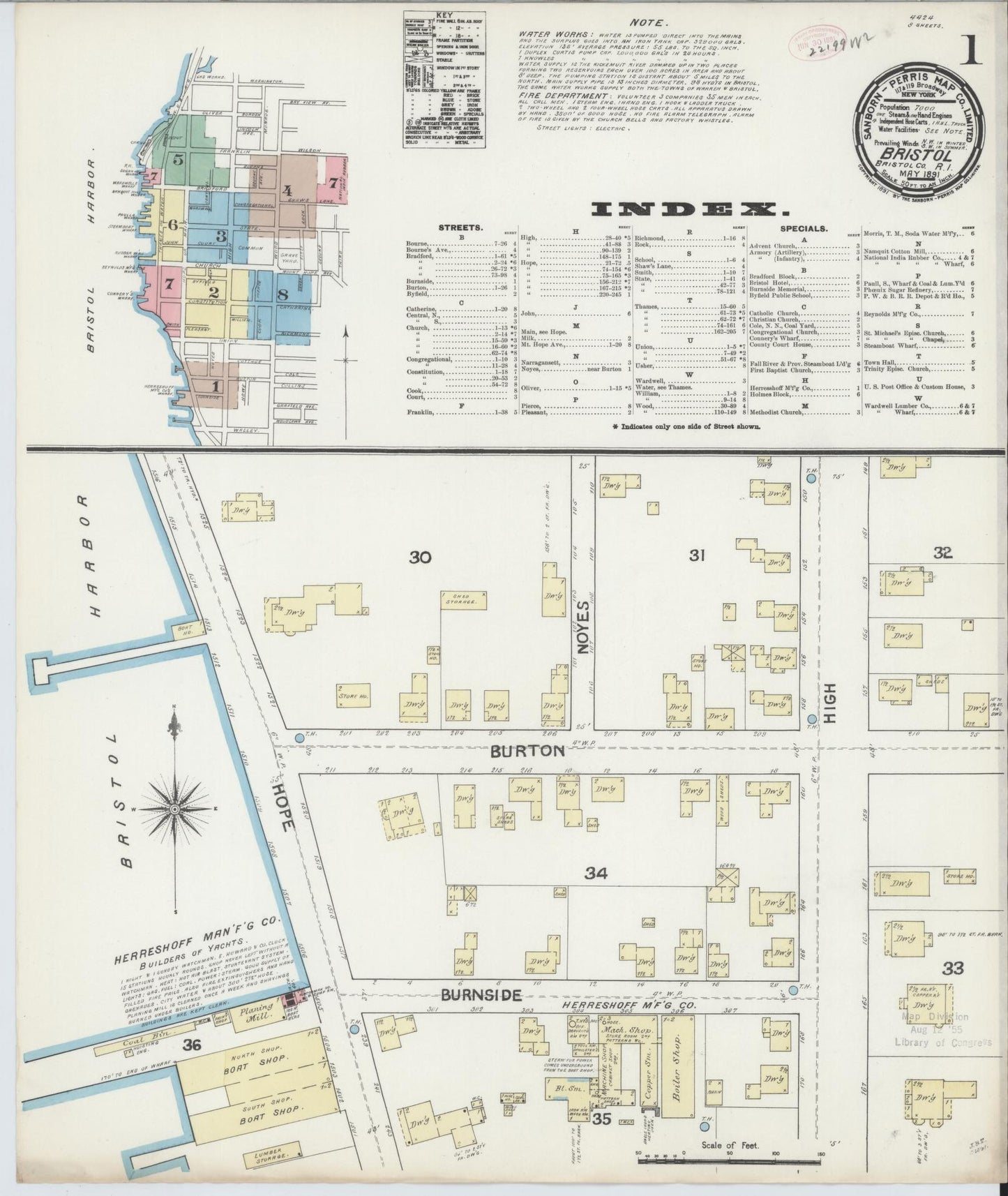 Sanborn Fire Insurance Map from Bristol, Bristol County, Rhode Island (1891), Sheet #0001 - Complete Map Set gallery image, historic Sanborn map, vintage wall art, Rhode Island Rhode Island