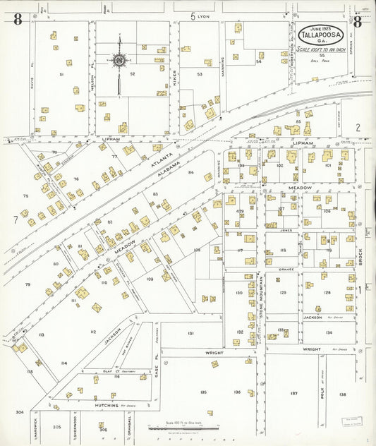 Sanborn Fire Insurance Map from Tallapoosa, Haralson County, Georgia (1923), Sheet #0008 - Historic Sanborn Fire Insurance Map Print, vintage old map wall art, antique decor, genealogy gift, Georgia Georgia map