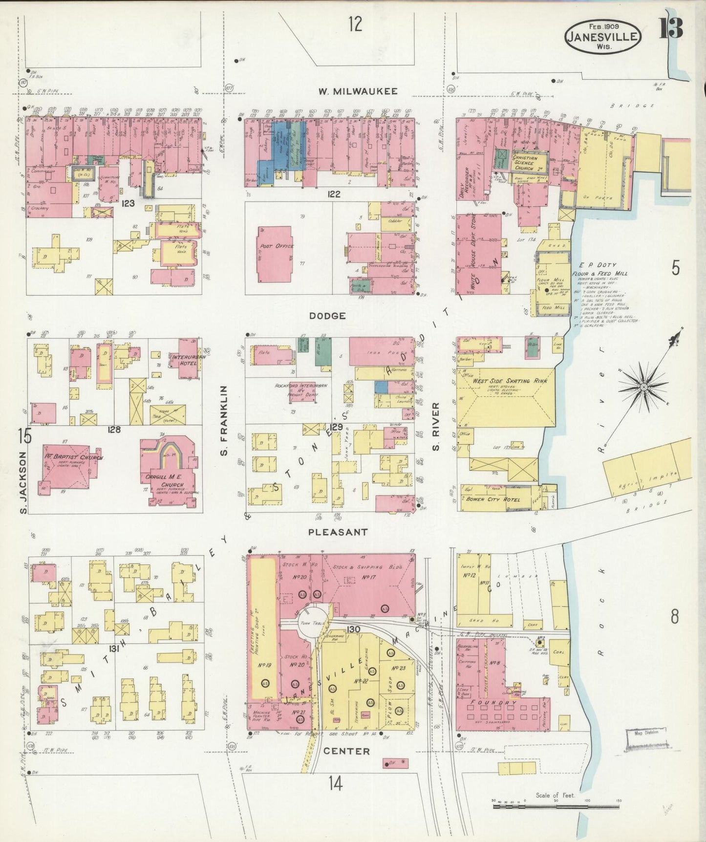 Sanborn Fire Insurance Map from Janesville, Rock County, Wisconsin (1909), Sheet #0013 - Historic Sanborn Fire Insurance Map Print, vintage old map wall art, antique decor, genealogy gift, Wisconsin Wisconsin map