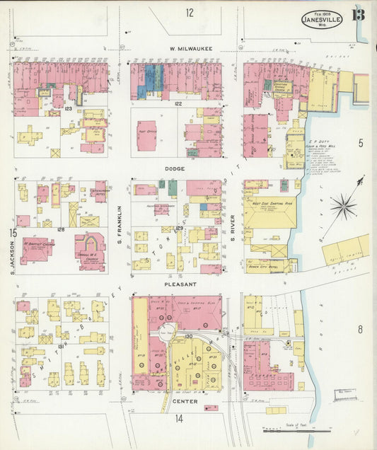 Sanborn Fire Insurance Map from Janesville, Rock County, Wisconsin (1909), Sheet #0013 - Historic Sanborn Fire Insurance Map Print, vintage old map wall art, antique decor, genealogy gift, Wisconsin Wisconsin map