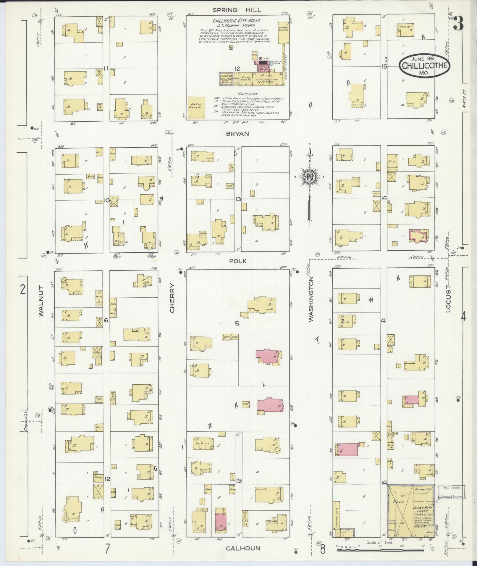 Sanborn Fire Insurance Map from Chillicothe, Livingston County, Missouri (1916), Sheet #0003 - Historic Sanborn Fire Insurance Map Print, vintage old map wall art, antique decor, genealogy gift, Missouri Missouri map