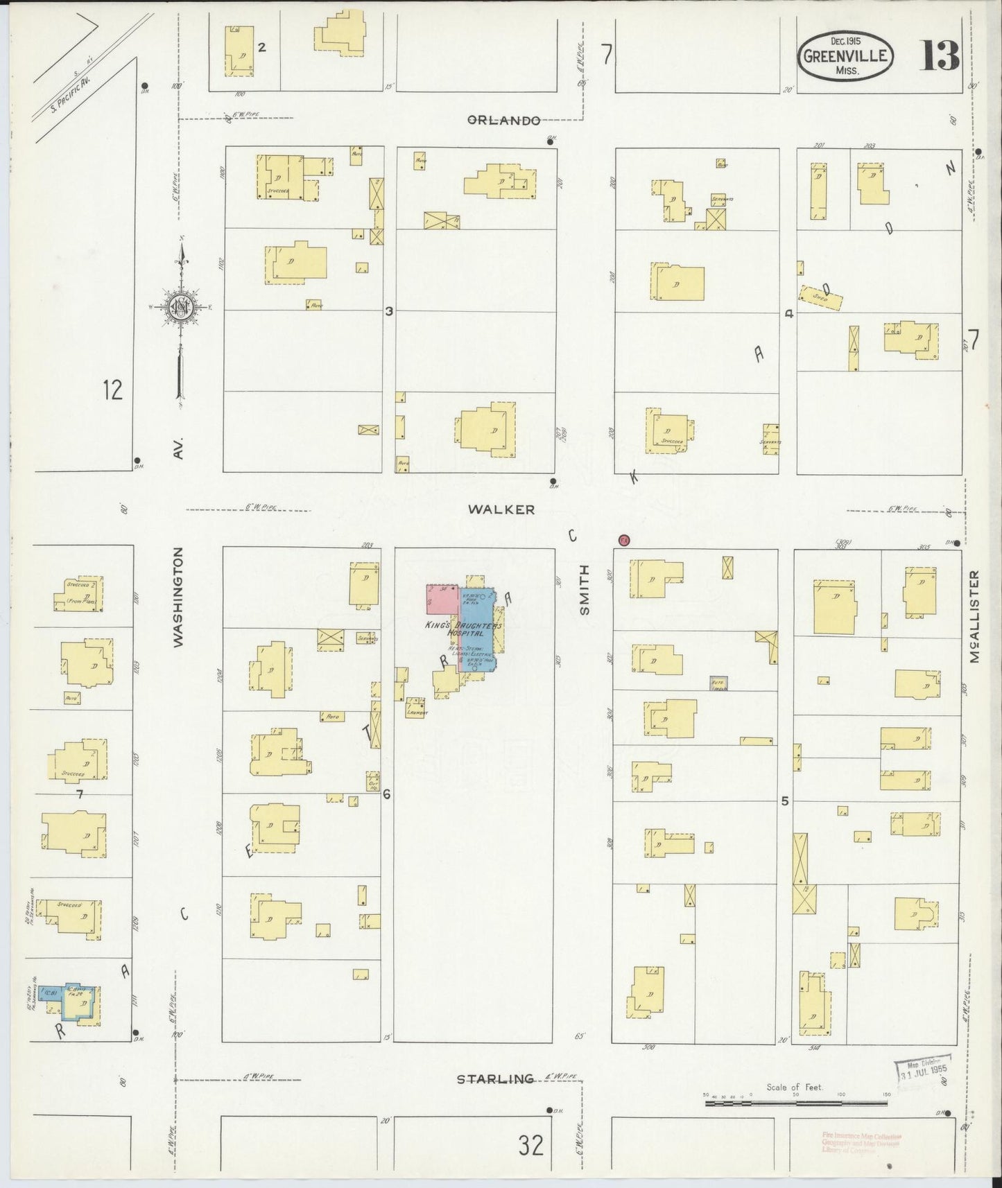 Sanborn Fire Insurance Map from Greenville, Washington County, Mississippi (1915), Sheet #0013 - Historic Sanborn Fire Insurance Map Print, vintage old map wall art, antique decor, genealogy gift, Mississippi Mississippi map