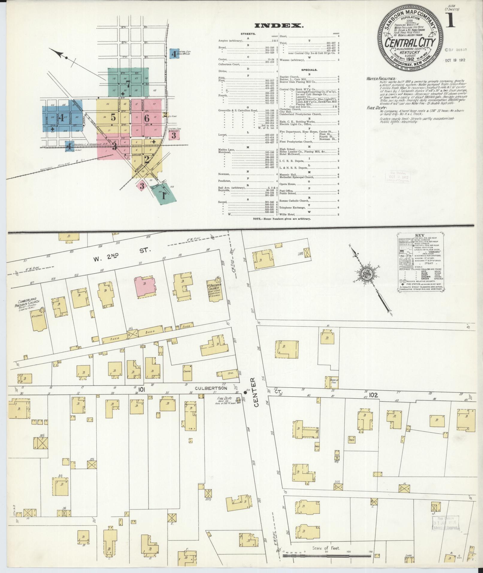 Sanborn Fire Insurance Map from Central City, Mublenberg County, Kentucky (1912), Sheet #0001 - Complete Map Set gallery image, historic Sanborn map, vintage wall art, Kentucky Kentucky