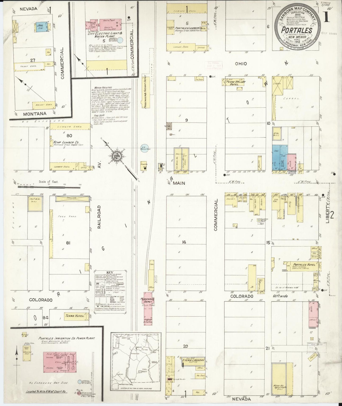 Sanborn Fire Insurance Map from Portales, Roosevelt County, New Mexico (1913), Sheet #0001 - Complete Map Set gallery image, historic Sanborn map, vintage wall art, New Mexico New Mexico
