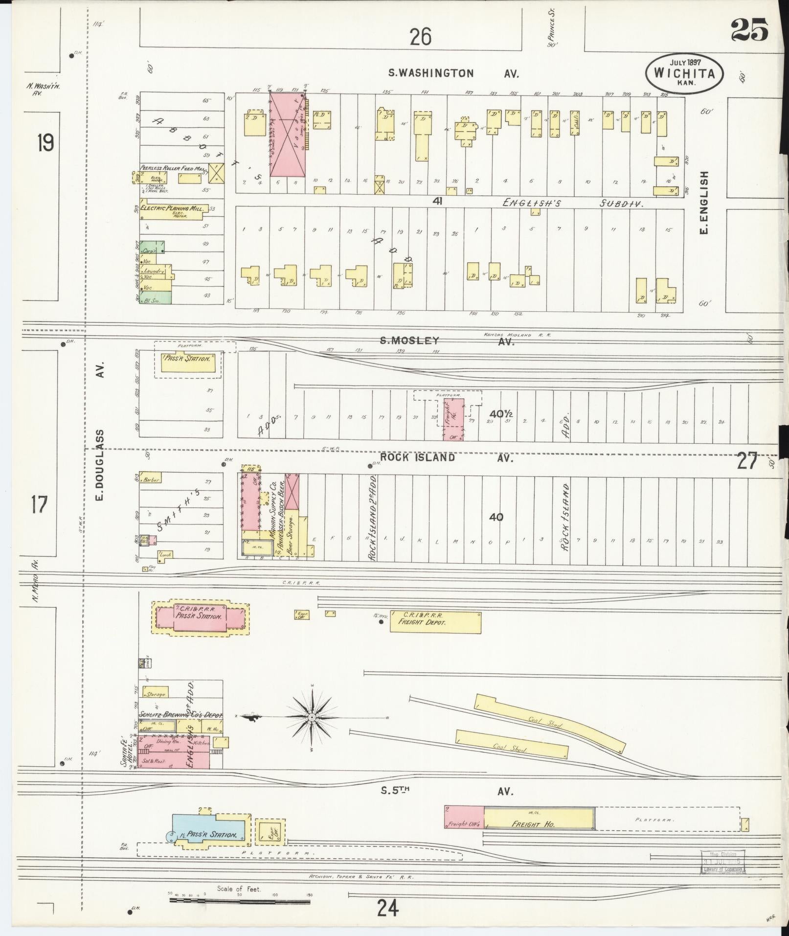 Sanborn Fire Insurance Map from Wichita, Sedgwick County, Kansas (1897), Sheet #0025 - Historic Sanborn Fire Insurance Map Print, vintage old map wall art, antique decor, genealogy gift, Kansas Kansas map