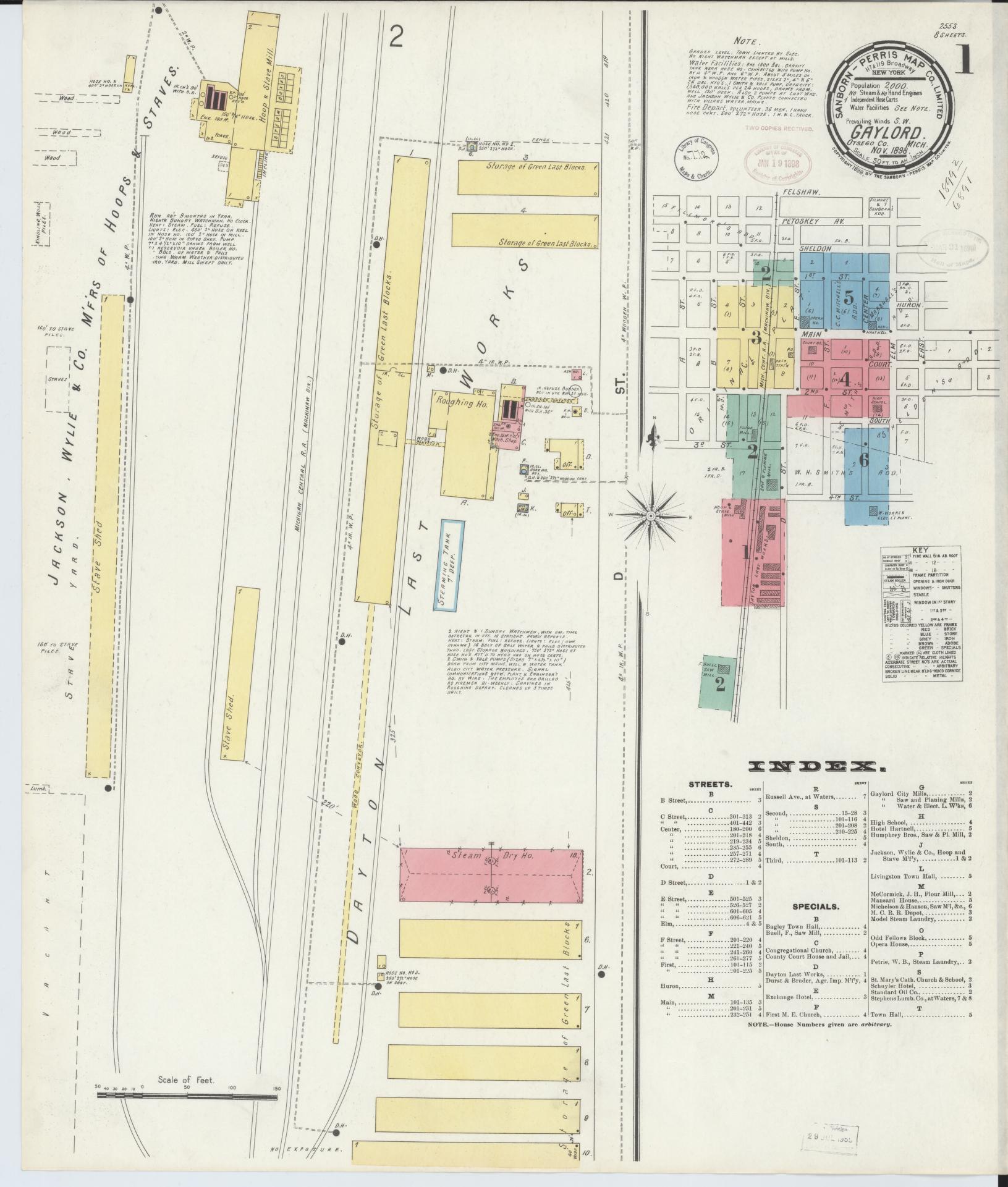 Sanborn Fire Insurance Map from Gaylord, Otsego County, Michigan (1898), Sheet #0001 - Historic Sanborn Fire Insurance Map Print, vintage old map wall art, antique decor, genealogy gift, Michigan Michigan map