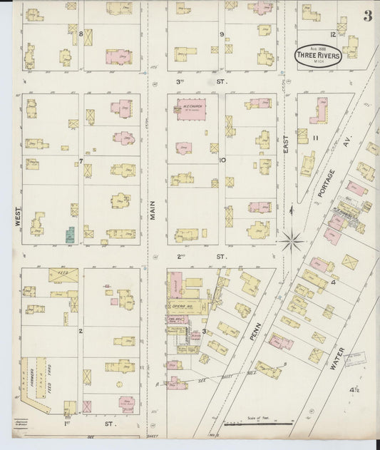 Sanborn Fire Insurance Map from Three Rivers, Saint Joseph County, Michigan (1888), Sheet #0003 - Historic Sanborn Fire Insurance Map Print, vintage old map wall art, antique decor, genealogy gift, Michigan Michigan map