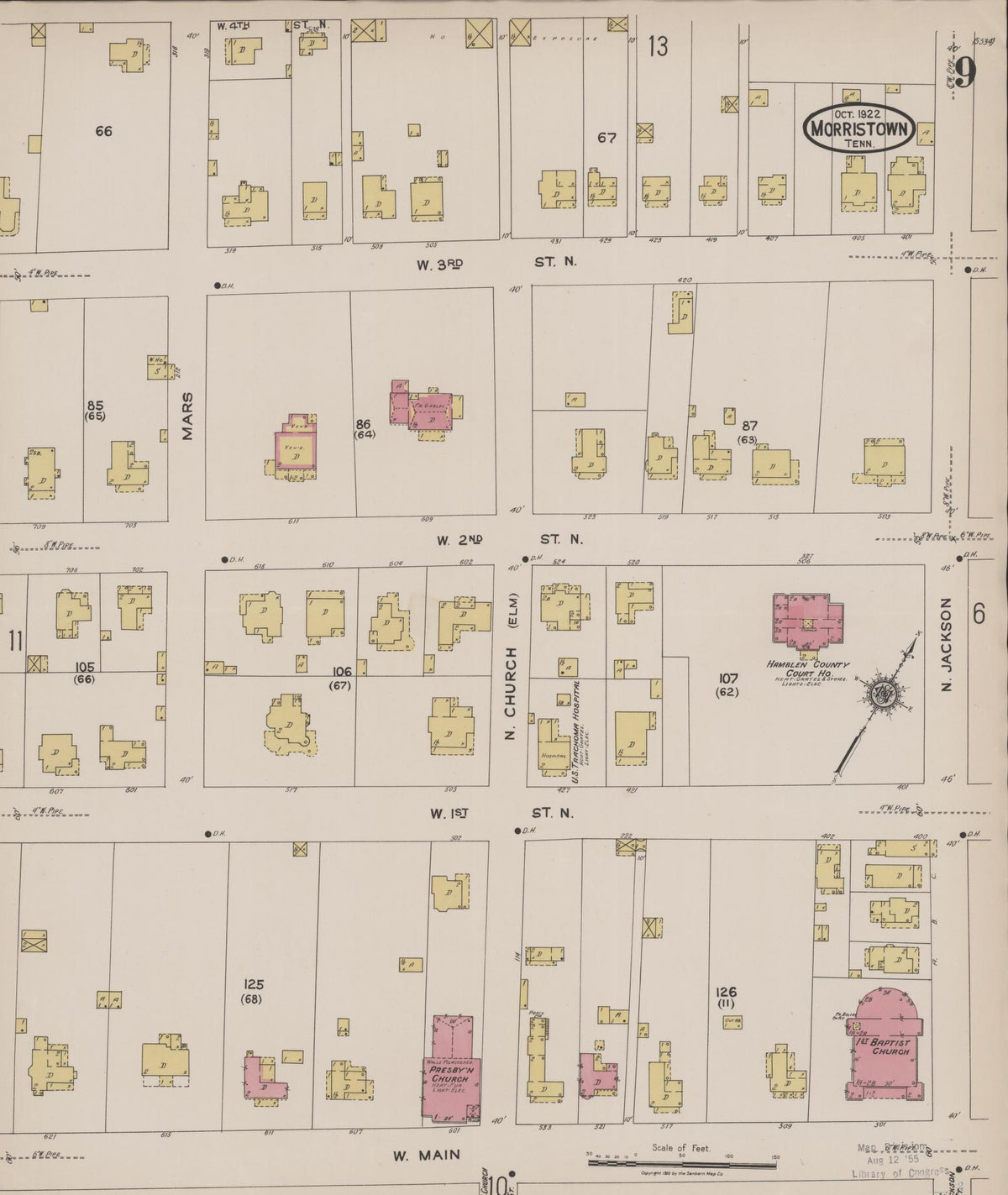 Sanborn Fire Insurance Map from Morristown, Hamblen County, Tennessee (1922), Sheet #0009 - Complete Map Set gallery image, historic Sanborn map, vintage wall art, Tennessee Tennessee
