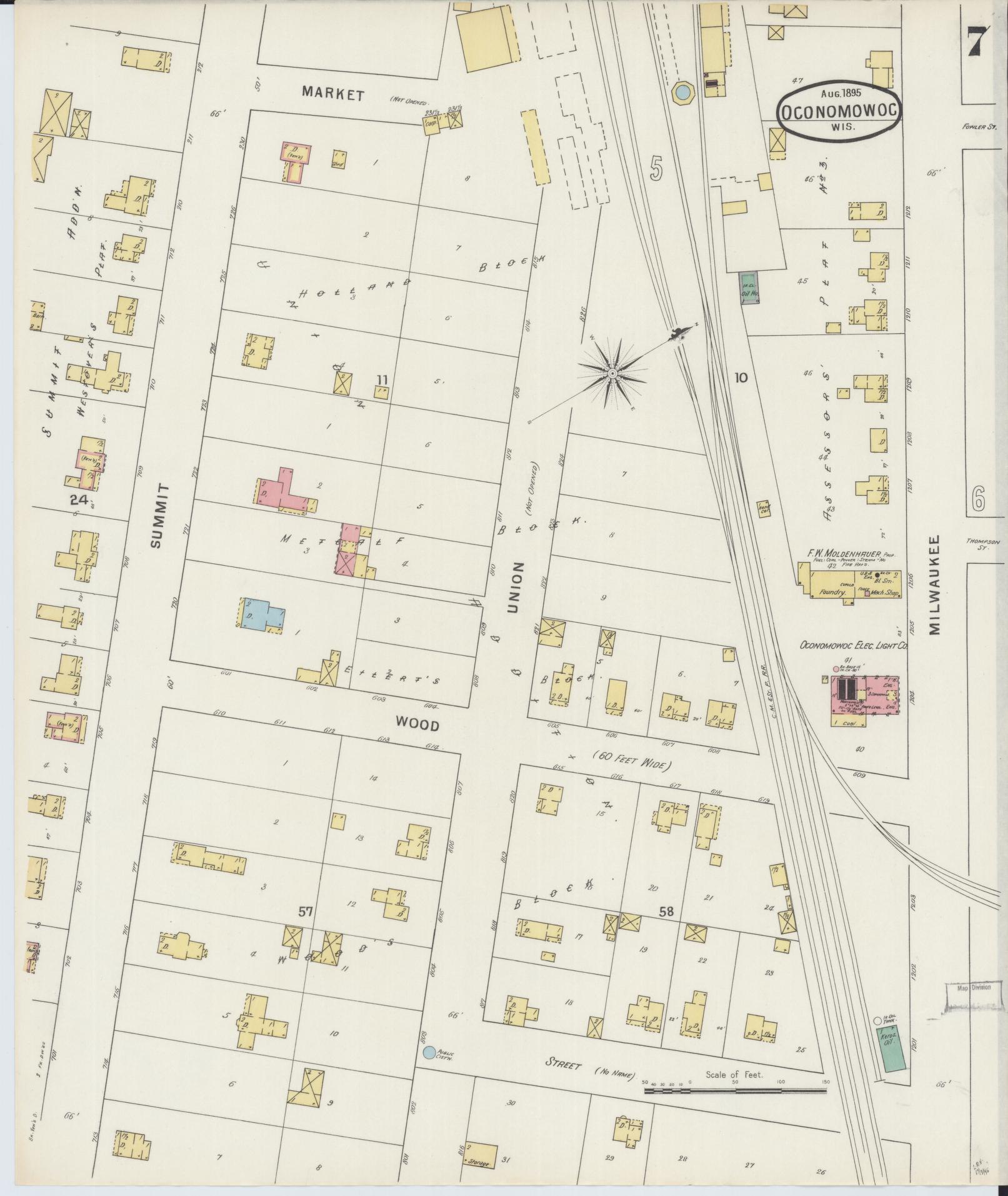Sanborn Fire Insurance Map from Oconomowoc, Waukesha County, Wisconsin (1895), Sheet #0007 - Historic Sanborn Fire Insurance Map Print, vintage old map wall art, antique decor, genealogy gift, Wisconsin Wisconsin map