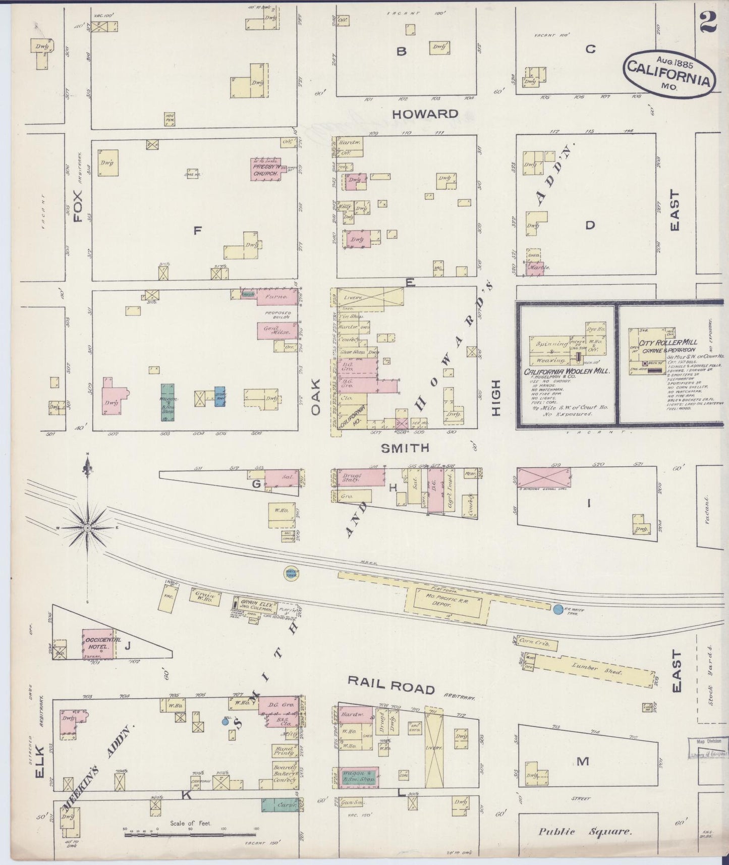 Sanborn Fire Insurance Map from California, Moniteau County, Missouri (1885), Sheet #0002 - Complete Map Set gallery image, historic Sanborn map, vintage wall art, Missouri Missouri