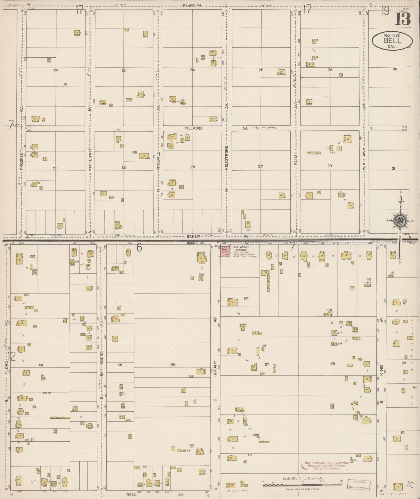 Sanborn Fire Insurance Map from Bell, Los Angeles County, California (1922), Sheet #0013 - Historic Sanborn Fire Insurance Map Print, vintage old map wall art, antique decor, genealogy gift, California California map
