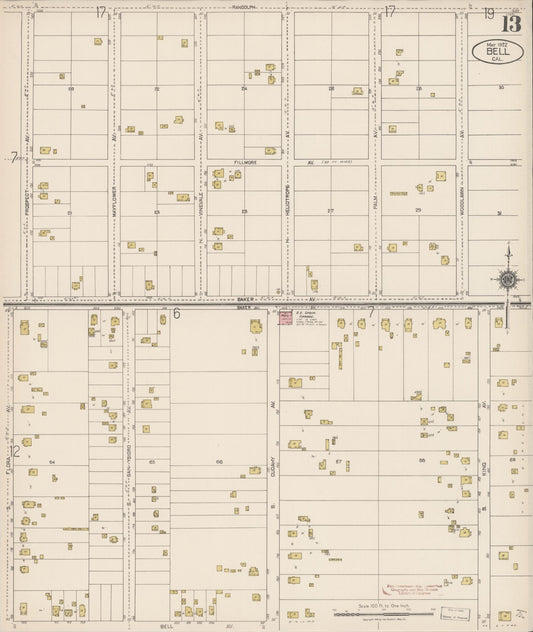 Sanborn Fire Insurance Map from Bell, Los Angeles County, California (1922), Sheet #0013 - Historic Sanborn Fire Insurance Map Print, vintage old map wall art, antique decor, genealogy gift, California California map