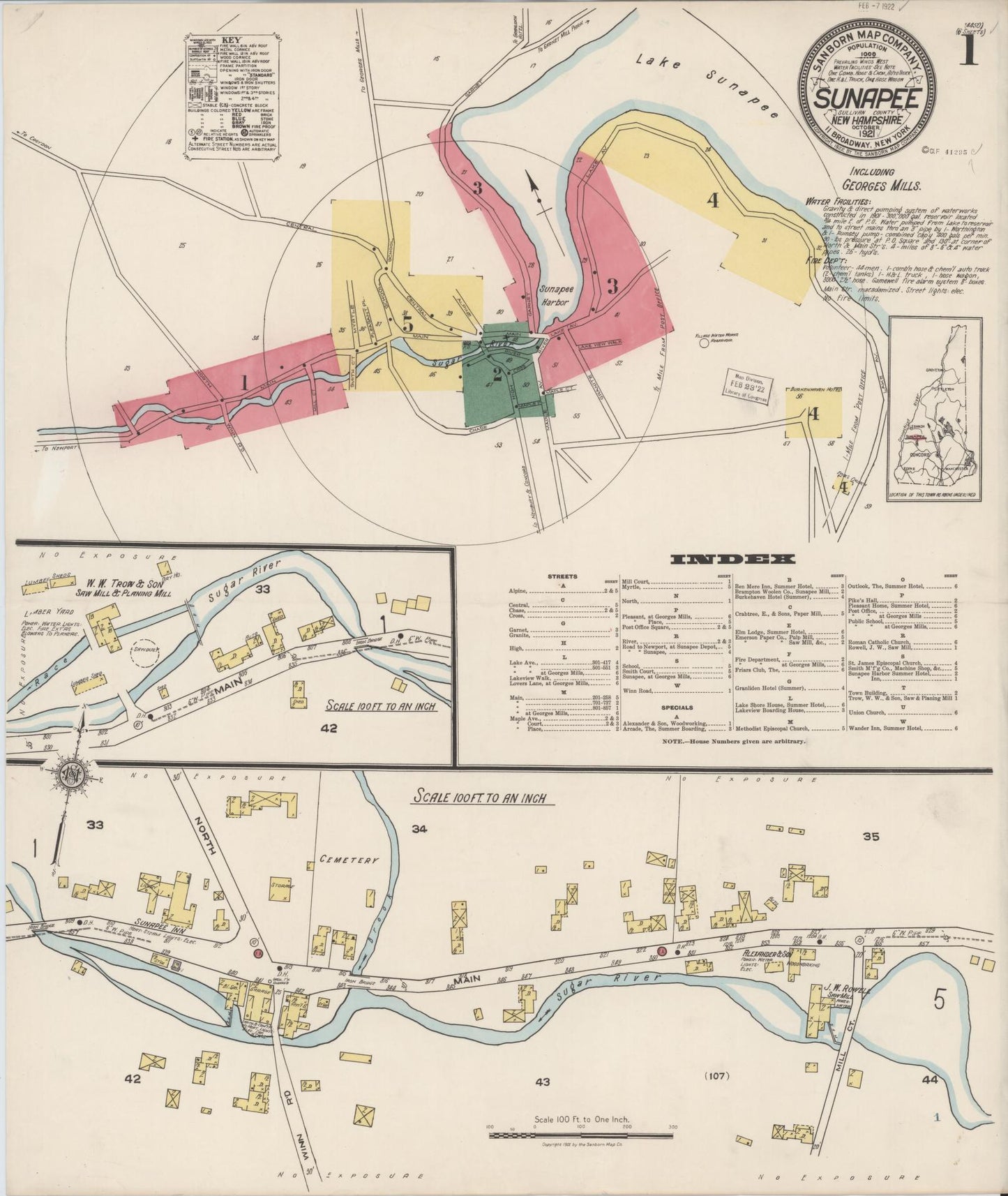 Sanborn Fire Insurance Map from Sunapee, Sullivan County, New Hampshire (1921), Sheet #0001 - Historic Sanborn Fire Insurance Map Print, vintage old map wall art, antique decor, genealogy gift, New Hampshire New Hampshire map