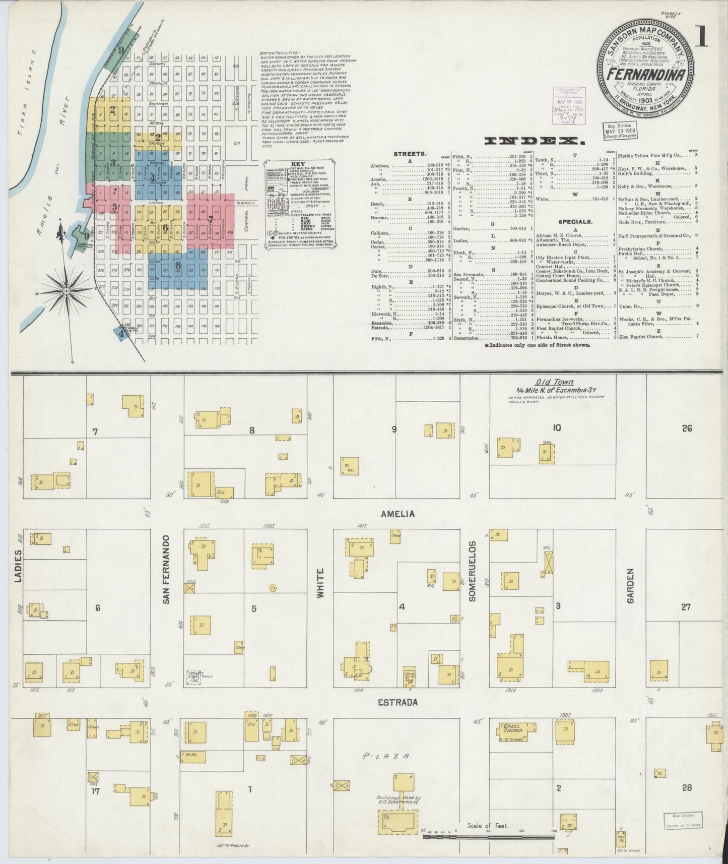 Sanborn Fire Insurance Map from Fernandina, Nassau County, Florida (1903), Sheet #0001 - Historic Sanborn Fire Insurance Map Print, vintage old map wall art, antique decor, genealogy gift, Florida Florida map