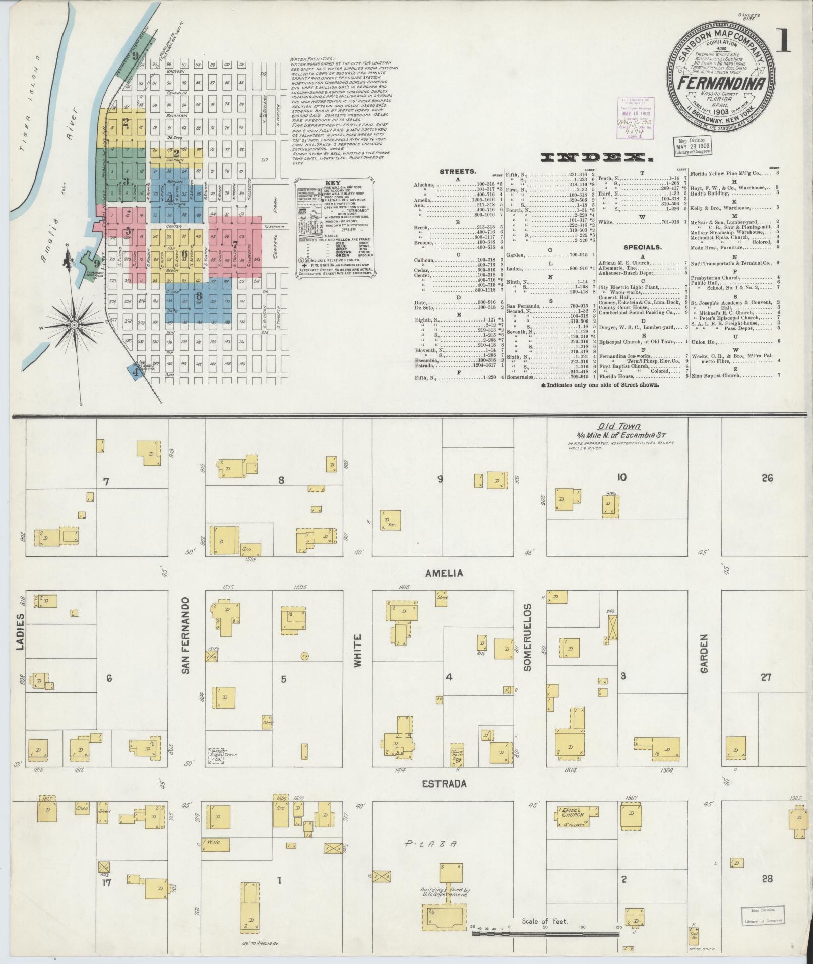 Sanborn Fire Insurance Map from Fernandina, Nassau County, Florida (1903), Sheet #0001 - Historic Sanborn Fire Insurance Map Print, vintage old map wall art, antique decor, genealogy gift, Florida Florida map