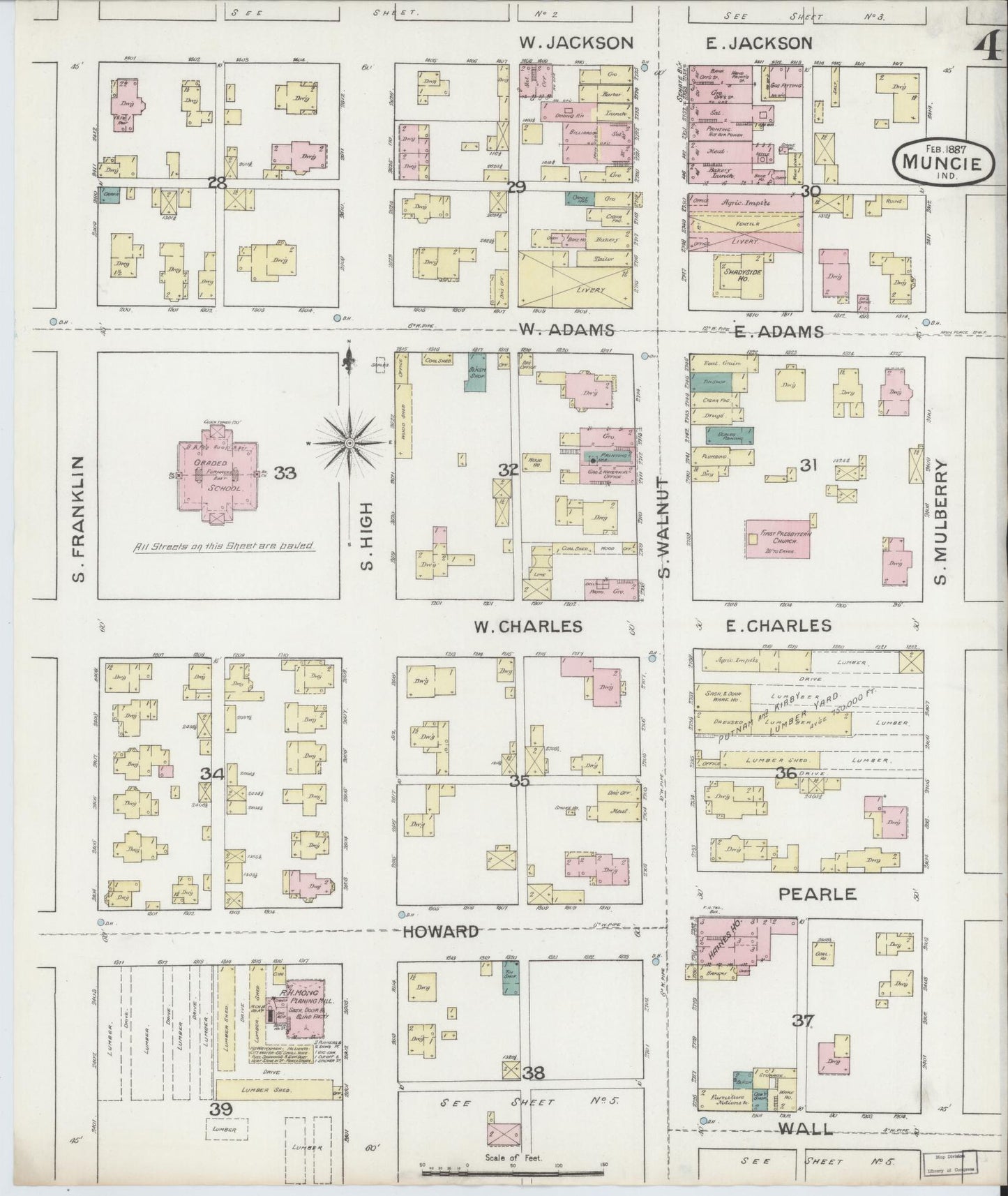 Sanborn Fire Insurance Map from Muncie, Delaware County, Indiana (1887), Sheet #0004 - Complete Map Set gallery image, historic Sanborn map, vintage wall art, Muncie Delaware