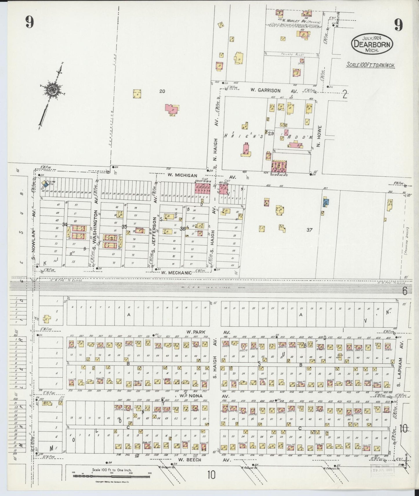 Sanborn Fire Insurance Map from Dearborn, Wayne County, Michigan (1924), Sheet #0009 - Complete Map Set gallery image, historic Sanborn map, vintage wall art, Michigan Michigan