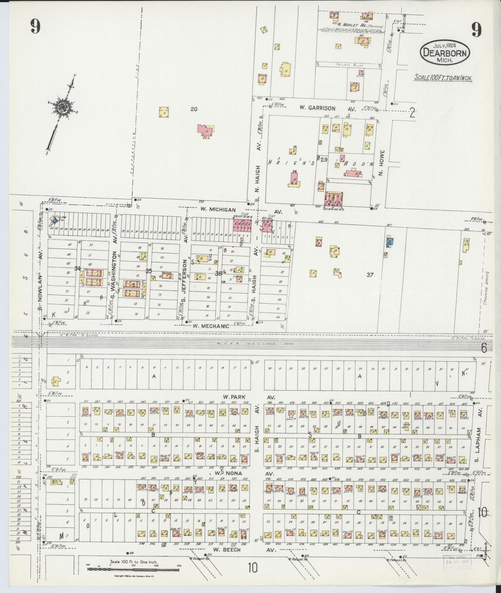 Sanborn Fire Insurance Map from Dearborn, Wayne County, Michigan (1924), Sheet #0009 - Complete Map Set gallery image, historic Sanborn map, vintage wall art, Michigan Michigan