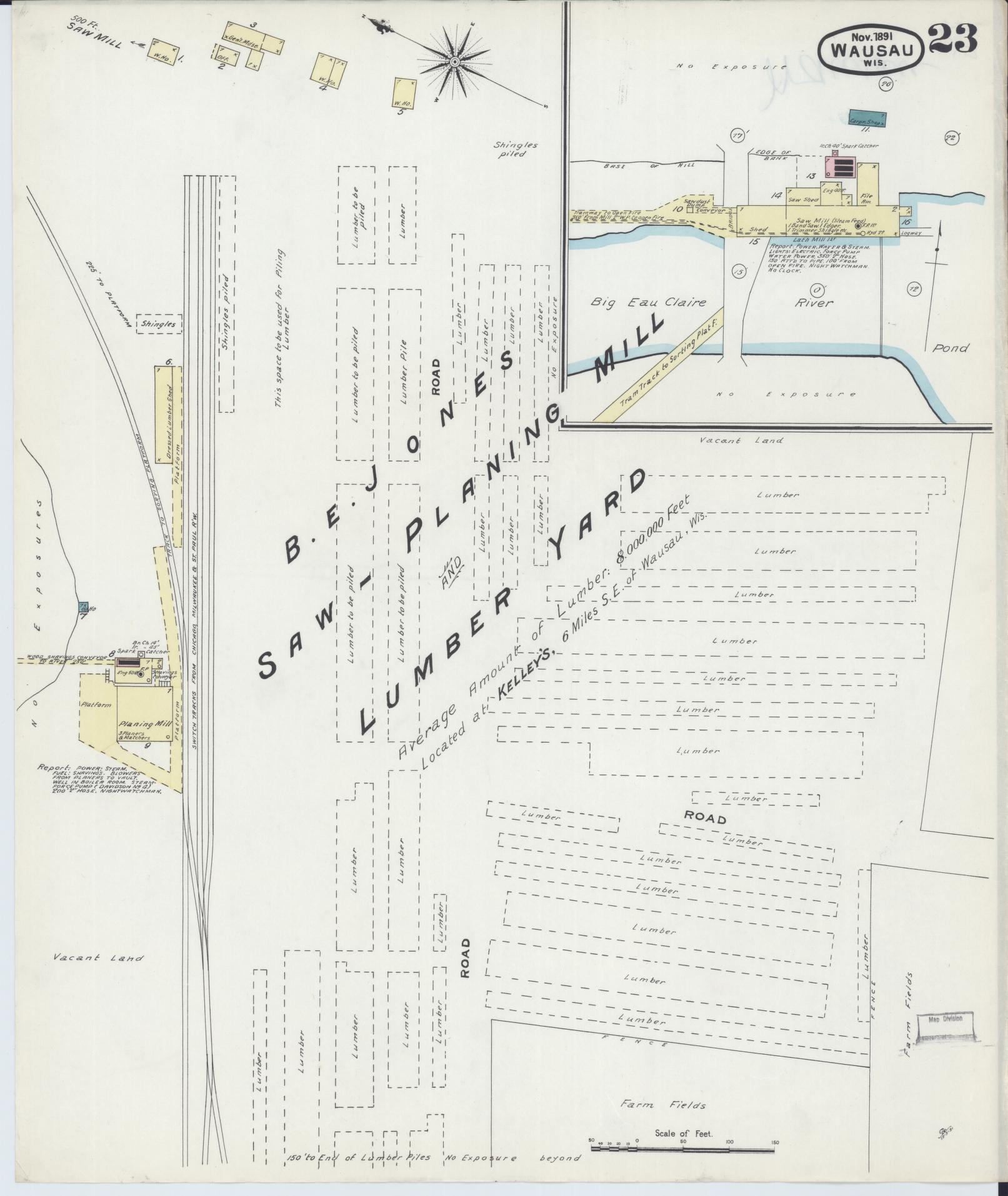 Sanborn Fire Insurance Map from Wausau, Marathon County, Wisconsin (1891), Sheet #0023 - Historic Sanborn Fire Insurance Map Print, vintage old map wall art, antique decor, genealogy gift, Wisconsin Wisconsin map
