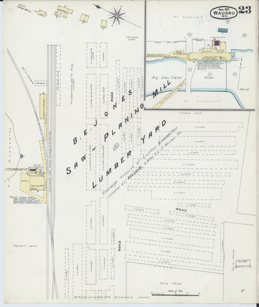 Sanborn Fire Insurance Map from Wausau, Marathon County, Wisconsin (1891), Sheet #0023 - Historic Sanborn Fire Insurance Map Print, vintage old map wall art, antique decor, genealogy gift, Wisconsin Wisconsin map