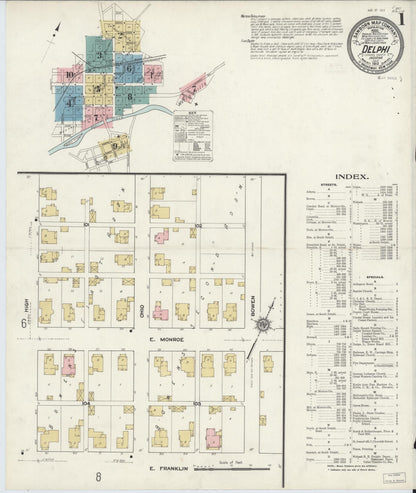 Sanborn Fire Insurance Map from Delphi, Carroll County, Indiana (1912), Sheet #0001 - Historic Sanborn Fire Insurance Map Print, vintage old map wall art, antique decor, genealogy gift, Indiana Indiana map