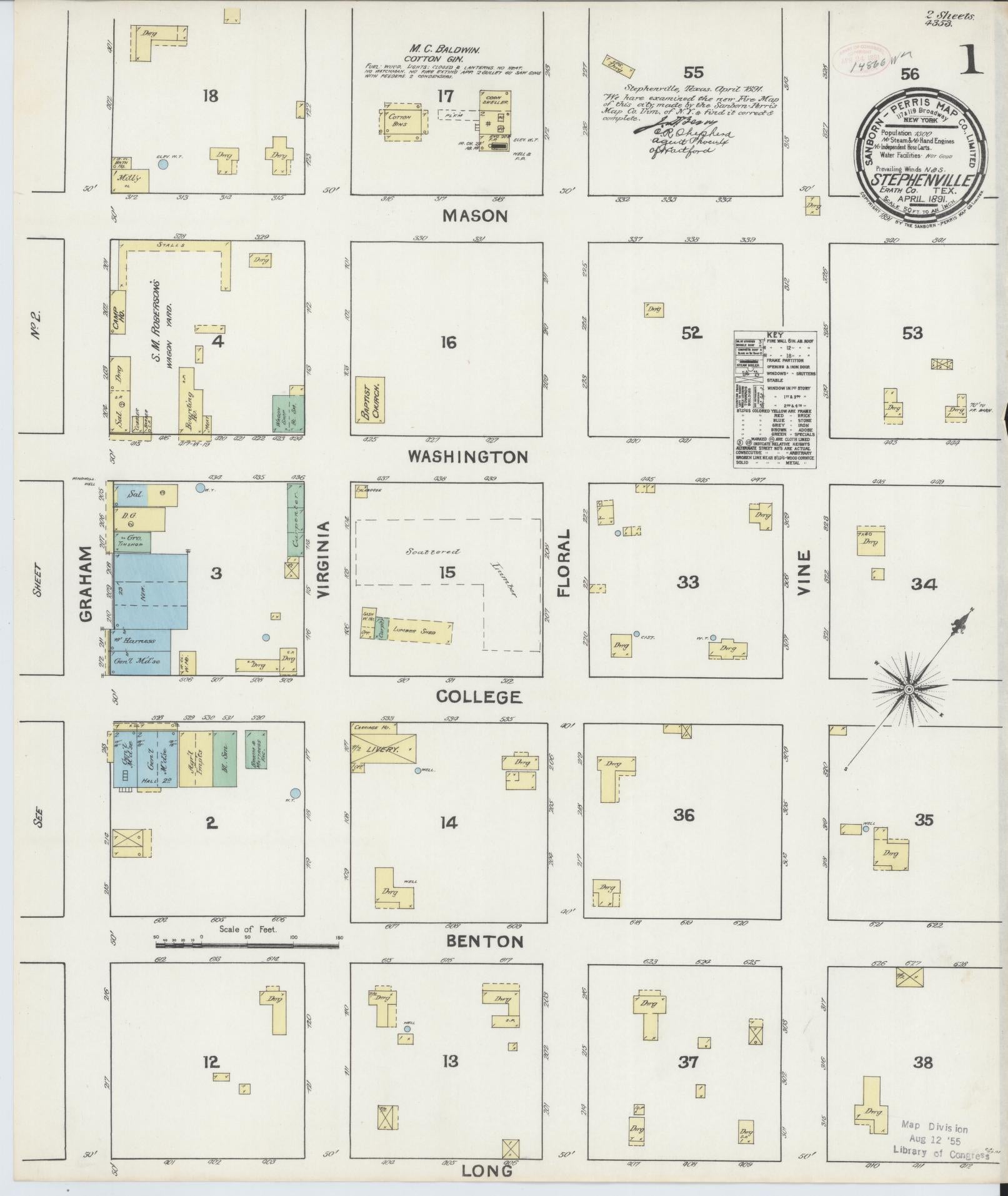 Sanborn Fire Insurance Map from Stephenville, Erath County, Texas. (1891) – Historic Sanborn Fire Insurance Map Print