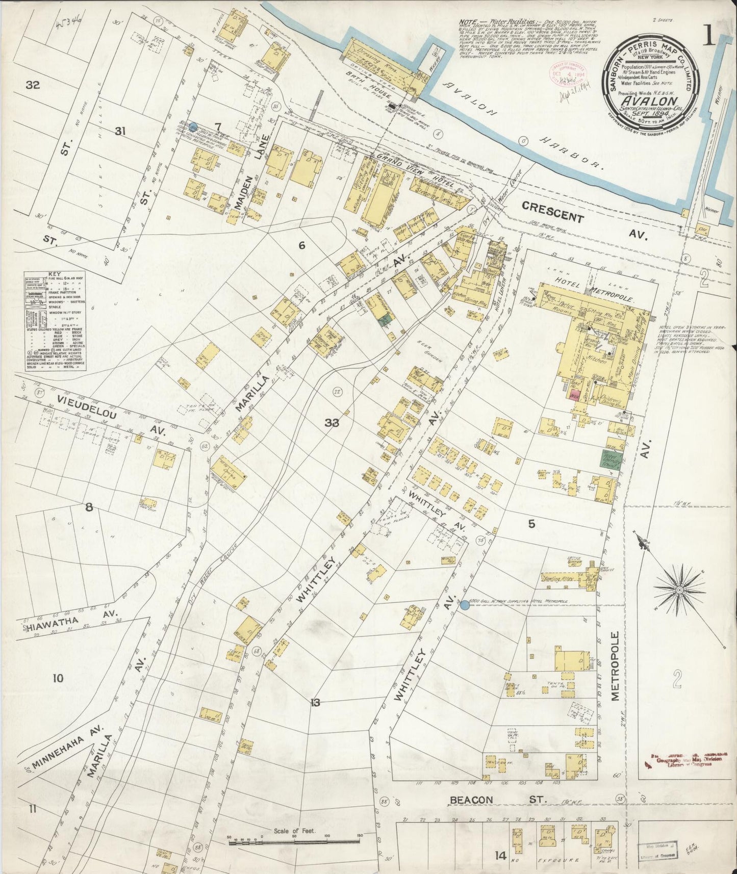 Sanborn Fire Insurance Map from Avalon, Los Angeles County, California (1894), Sheet #0001 - Historic Sanborn Fire Insurance Map Print, vintage old map wall art, antique decor, genealogy gift, California California map