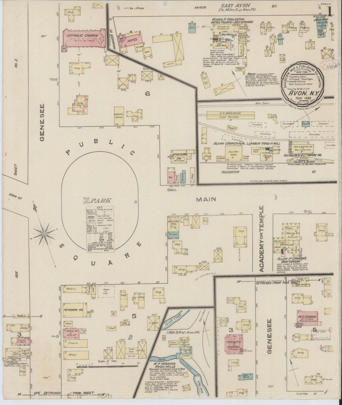 Sanborn Fire Insurance Map from Avon, Livingston County, New York (1885), Sheet #0001 - Historic Sanborn Fire Insurance Map Print, vintage old map wall art, antique decor, genealogy gift, New York New York map