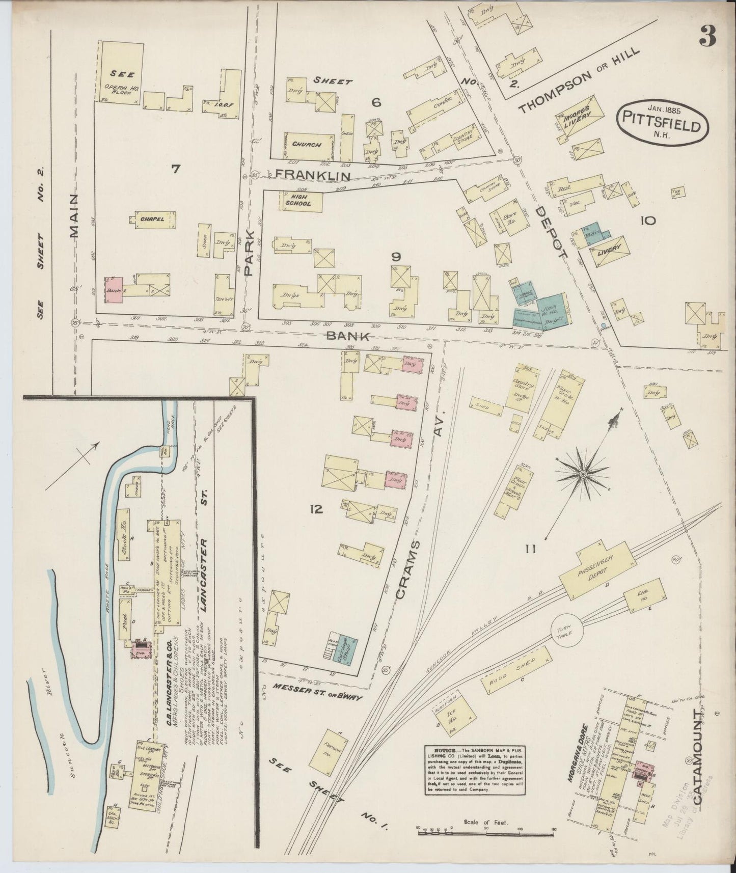 Sanborn Fire Insurance Map from Pittsfield, Merrimack County, New Hampshire (1885), Sheet #0003 - Complete Map Set gallery image, historic Sanborn map, vintage wall art, New Hampshire New Hampshire