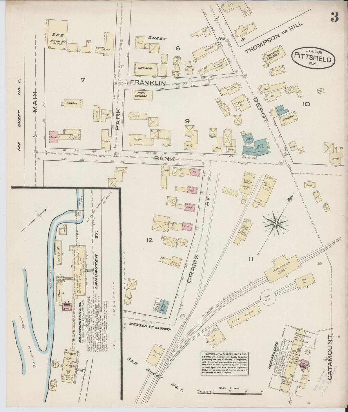 Sanborn Fire Insurance Map from Pittsfield, Merrimack County, New Hampshire (1885), Sheet #0003 - Complete Map Set gallery image, historic Sanborn map, vintage wall art, New Hampshire New Hampshire