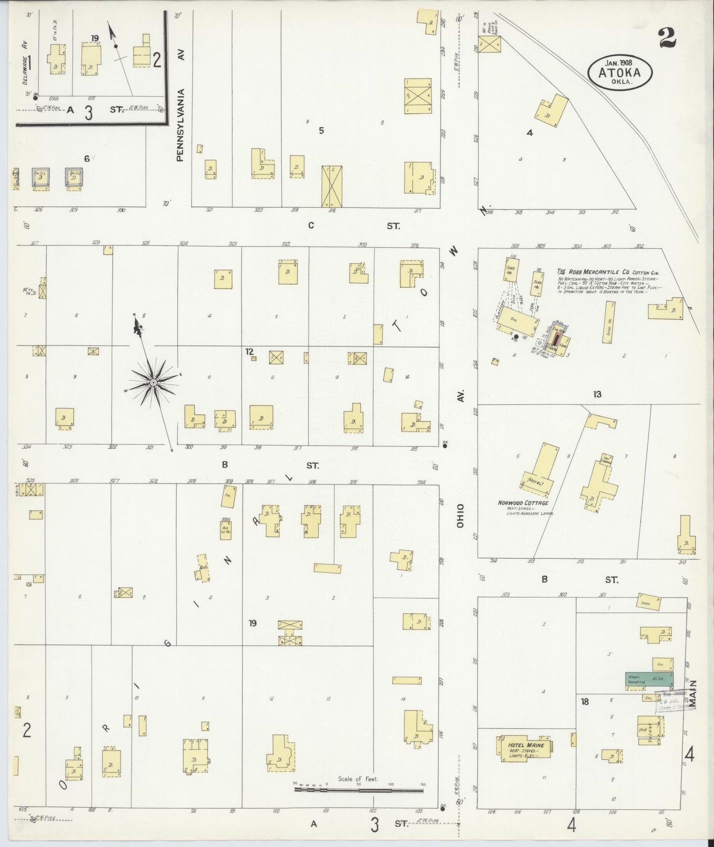 Sanborn Fire Insurance Map from Atoka, Atoka County, Oklahoma (1908), Sheet #0002 - Historic Sanborn Fire Insurance Map Print, vintage old map wall art, antique decor, genealogy gift, Oklahoma Oklahoma map