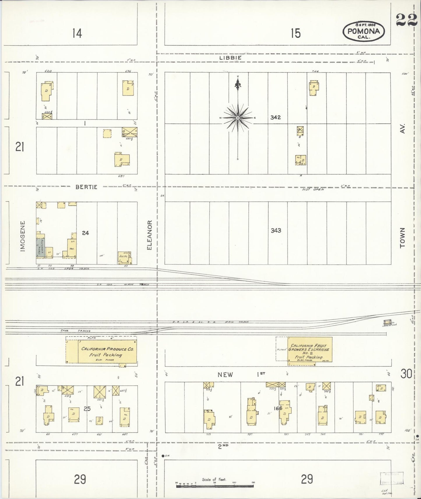 Sanborn Fire Insurance Map from Pomona, Los Angeles County, California (1906), Sheet #0022 - Complete Map Set gallery image, historic Sanborn map, vintage wall art, California California