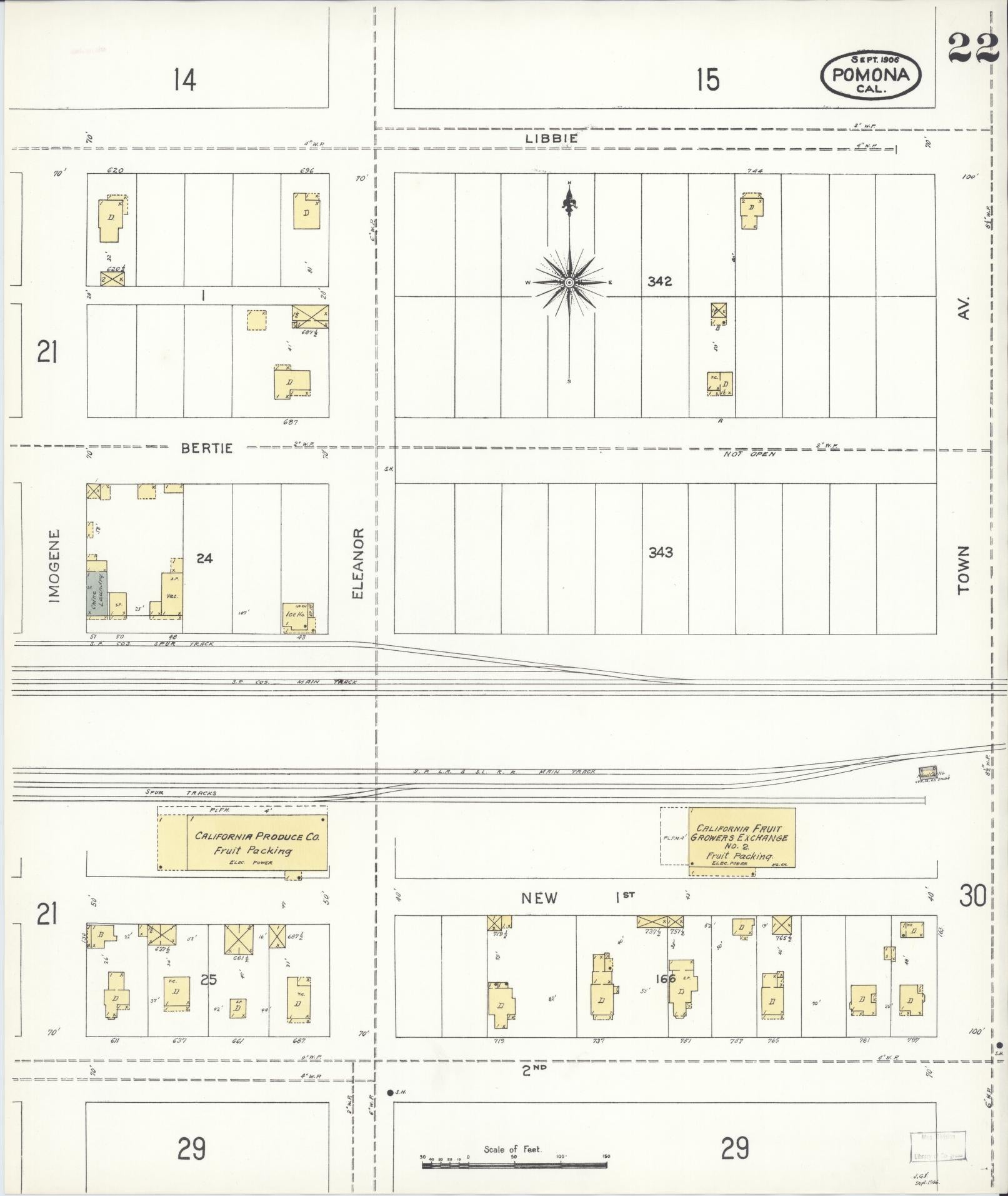 Sanborn Fire Insurance Map from Pomona, Los Angeles County, California (1906), Sheet #0022 - Complete Map Set gallery image, historic Sanborn map, vintage wall art, California California