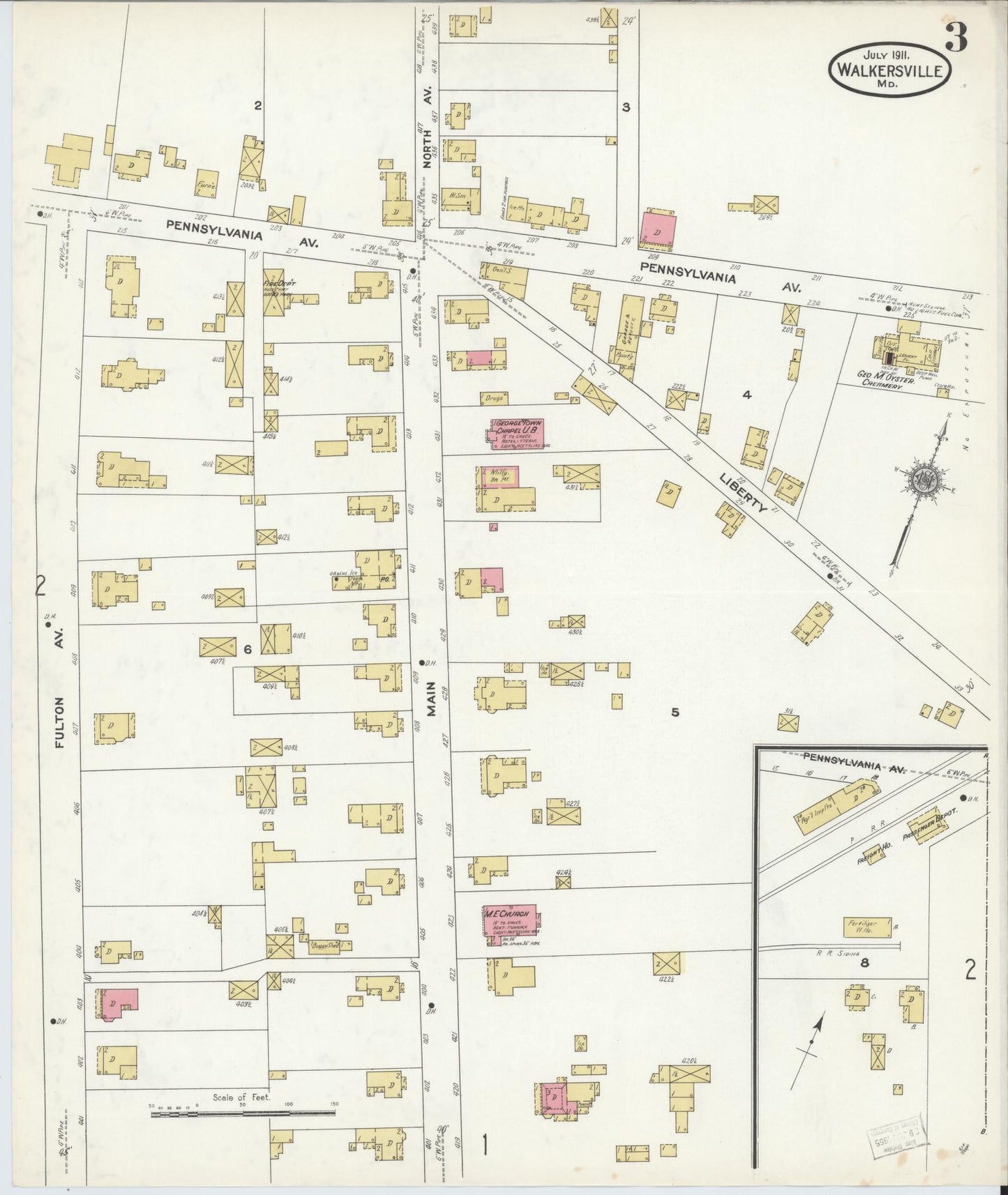 Sanborn Fire Insurance Map from Walkersville, Frederick County, Maryland (1911), Sheet #0003 - Historic Sanborn Fire Insurance Map Print, vintage old map wall art