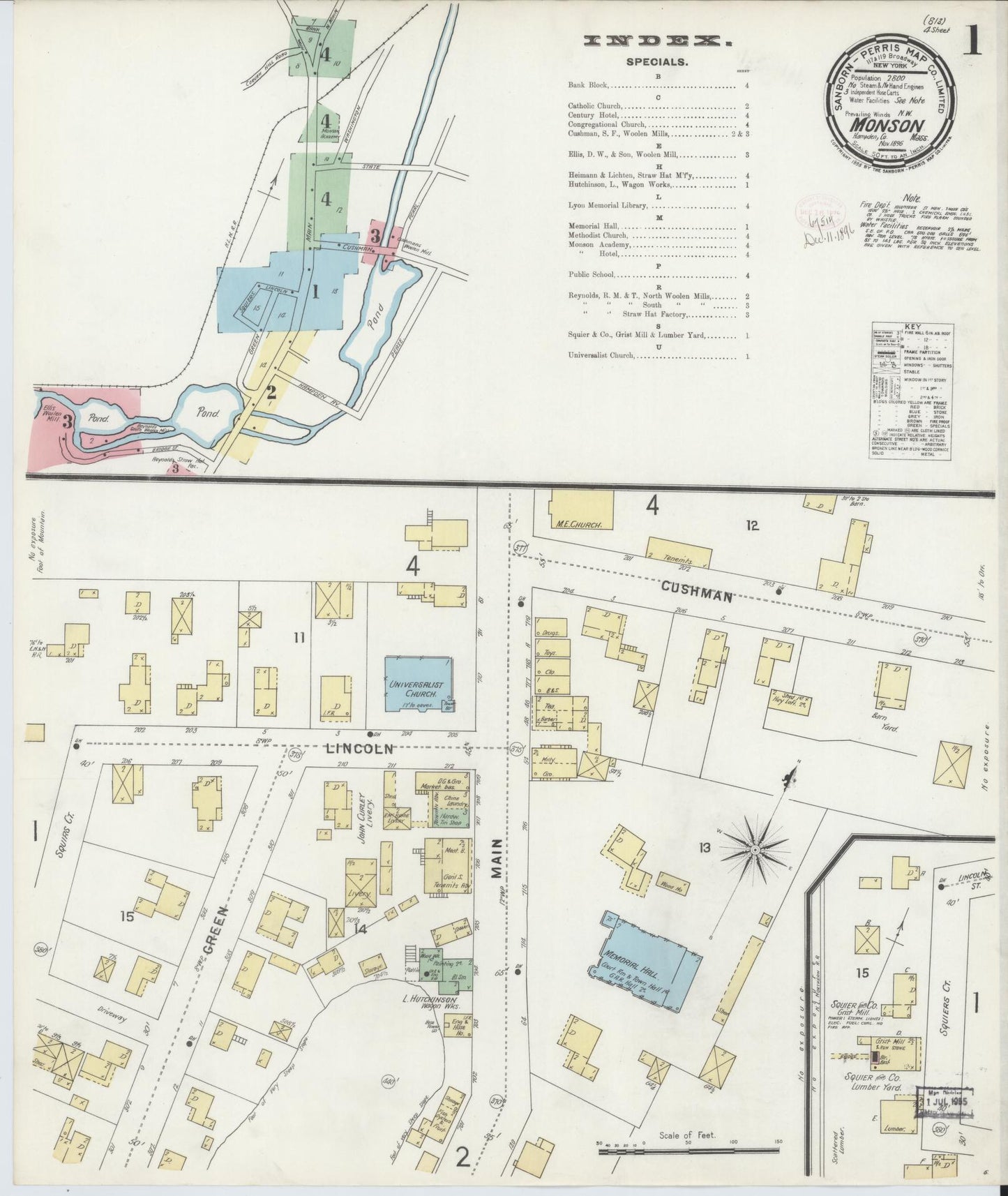 Sanborn Fire Insurance Map from Monson, Hampden County, Massachusetts (1896), Sheet #0001 - Historic Sanborn Fire Insurance Map Print, vintage old map wall art, antique decor, genealogy gift, Massachusetts Massachusetts map