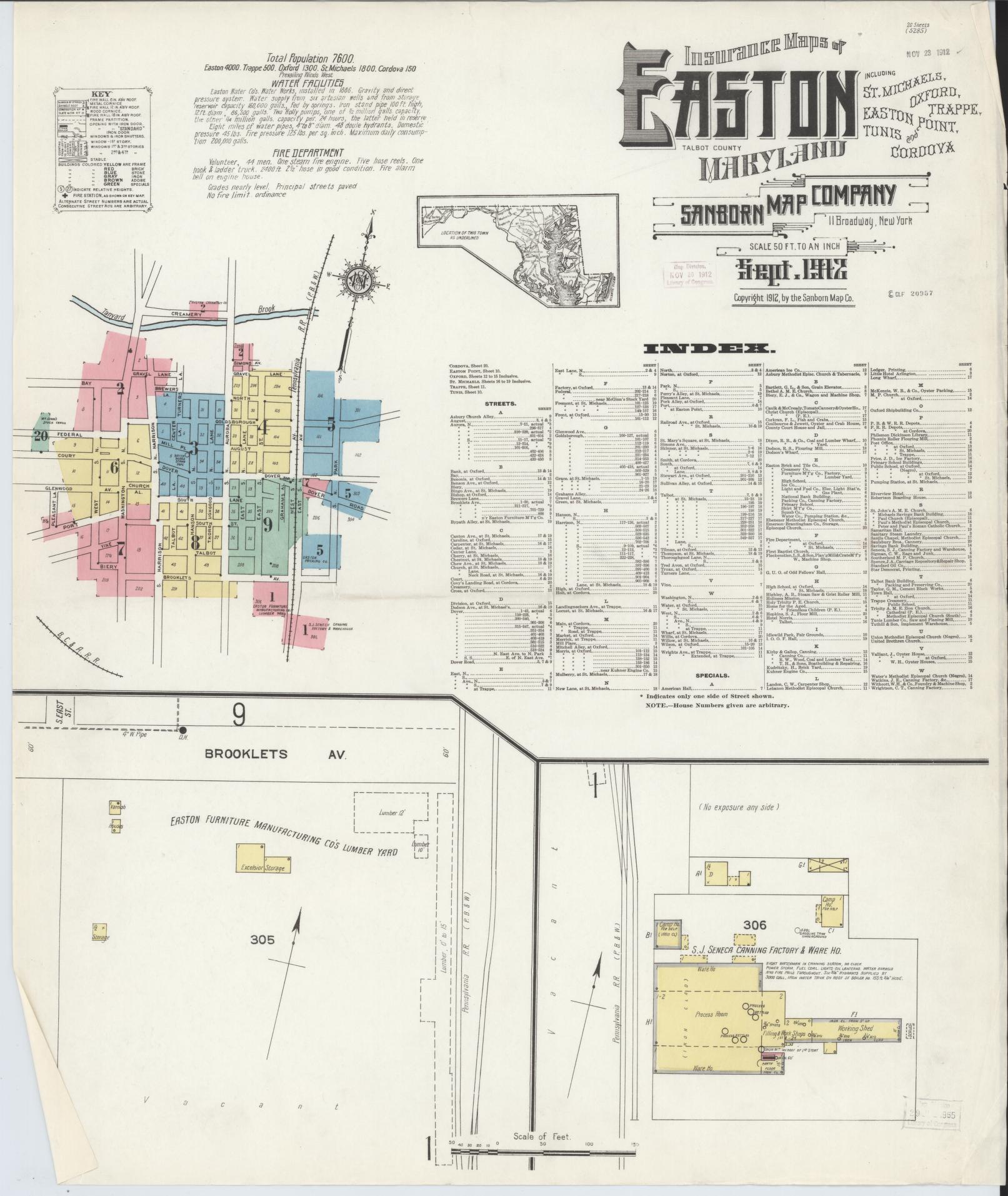 Sanborn Fire Insurance Map from Easton, Talbot County, Maryland (1912), Sheet #0001 - Historic Sanborn Fire Insurance Map Print, vintage old map wall art, antique decor, genealogy gift, Maryland Maryland map