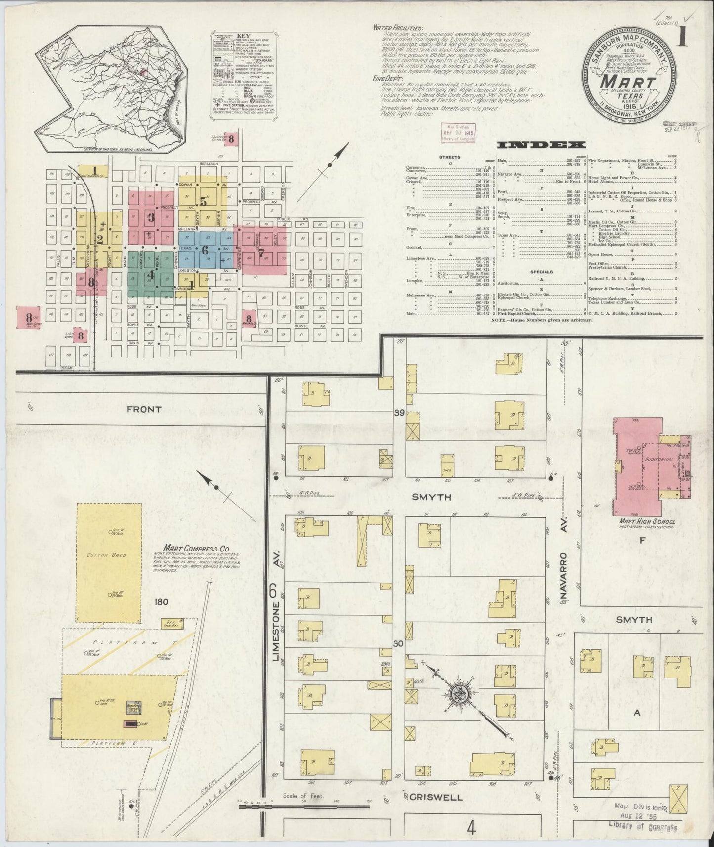 Sanborn Fire Insurance Map from Mart, McLennan County, Texas (1915), Sheet #0001 - Historic Sanborn Fire Insurance Map Print, vintage old map wall art, antique decor, genealogy gift, Texas Texas map