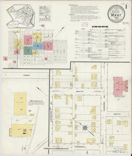 Sanborn Fire Insurance Map from Mart, McLennan County, Texas (1915), Sheet #0001 - Historic Sanborn Fire Insurance Map Print, vintage old map wall art, antique decor, genealogy gift, Texas Texas map