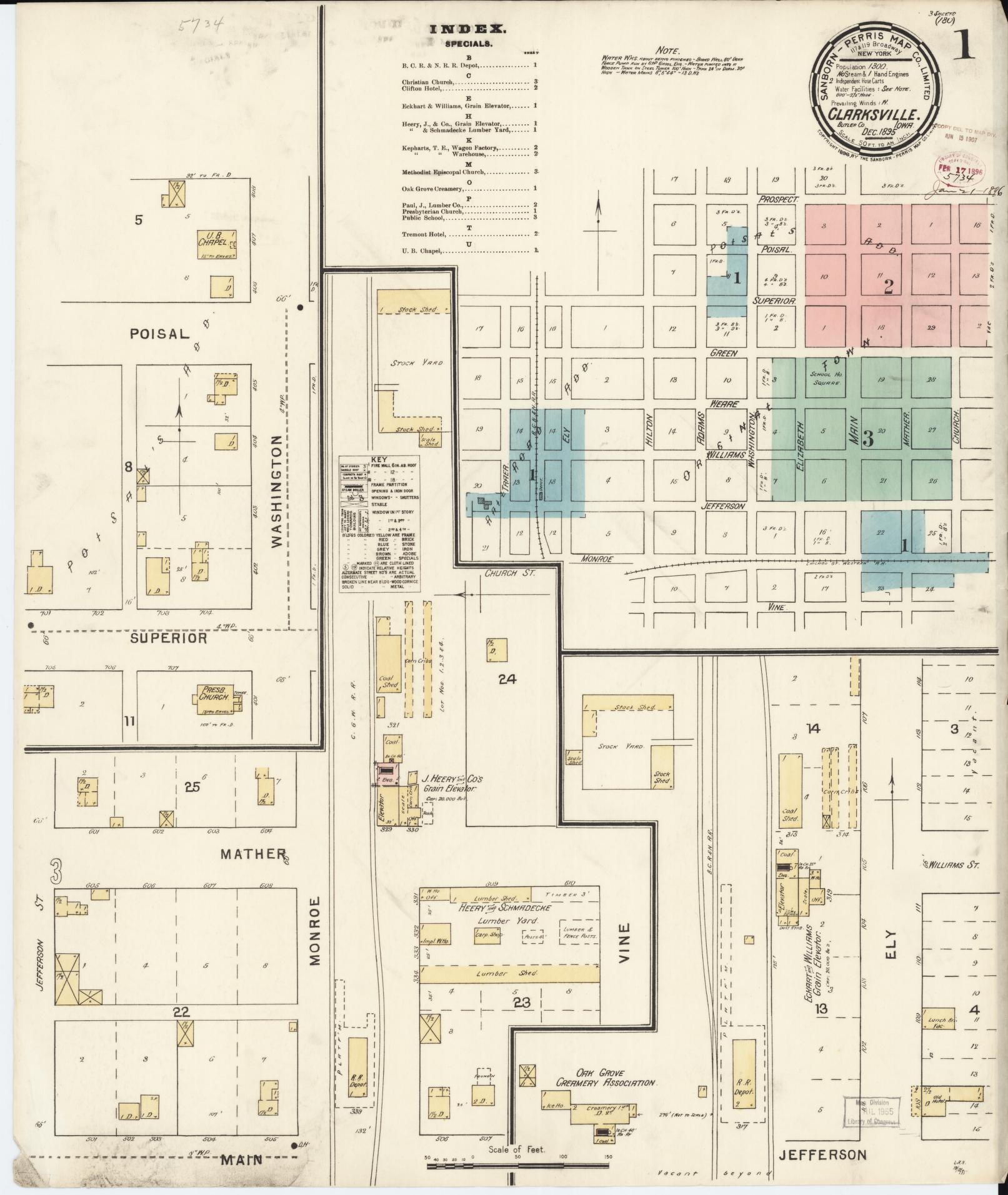 Sanborn Fire Insurance Map from Clarksville, Butler County, Iowa (1895), Sheet #0001 - Historic Sanborn Fire Insurance Map Print, vintage old map wall art