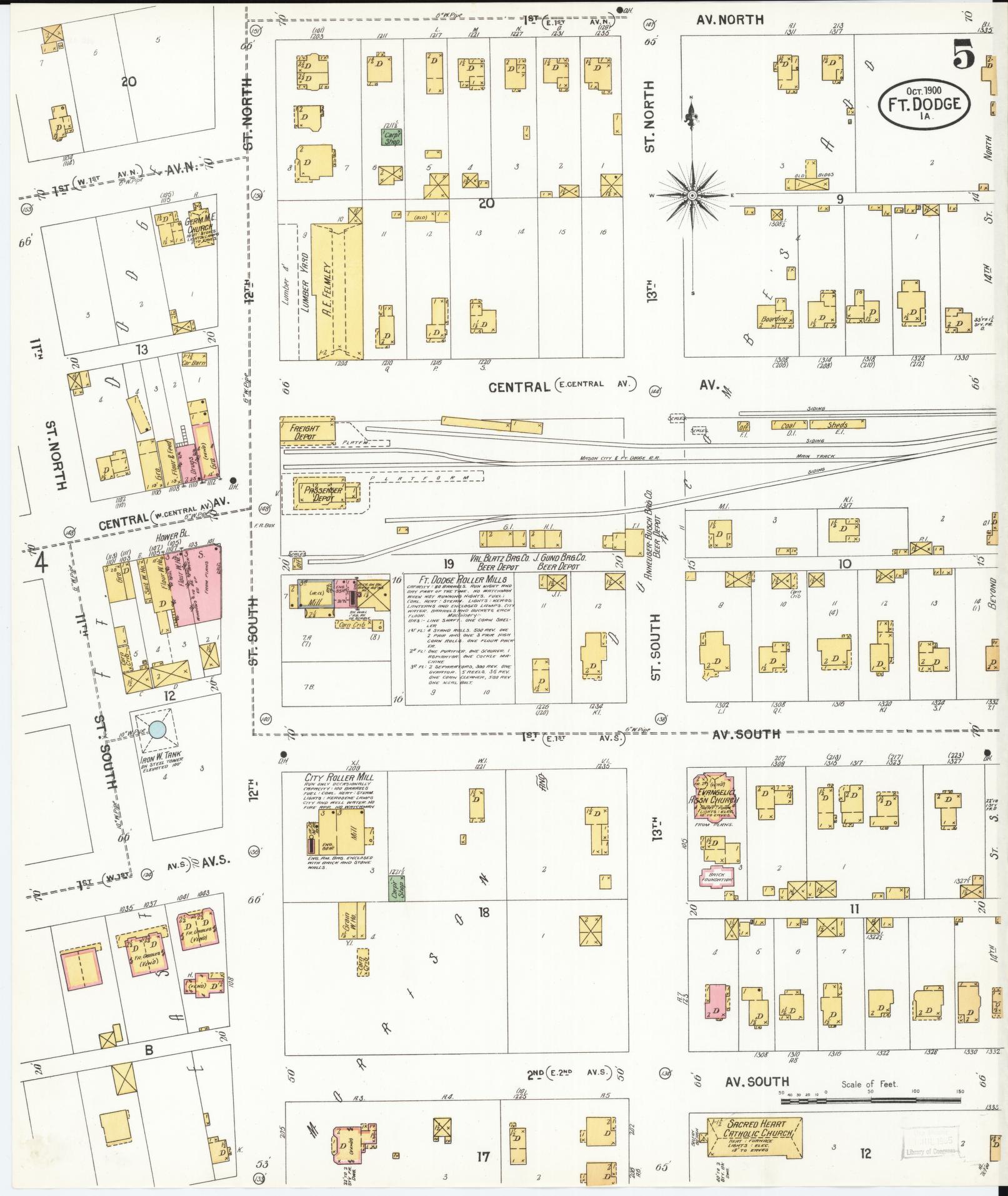 Sanborn Fire Insurance Map from Fort Dodge, Webster County, Iowa (1900), Sheet #0005 - Historic Sanborn Fire Insurance Map Print, vintage old map wall art