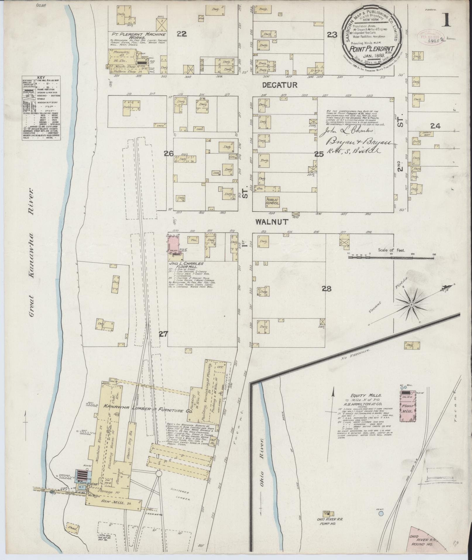 Sanborn Fire Insurance Map from Point Pleasant, Mason County, West Virginia (1889), Sheet #0001 - Historic Sanborn Fire Insurance Map Print, vintage old map wall art, antique decor, genealogy gift, West Virginia West Virginia map