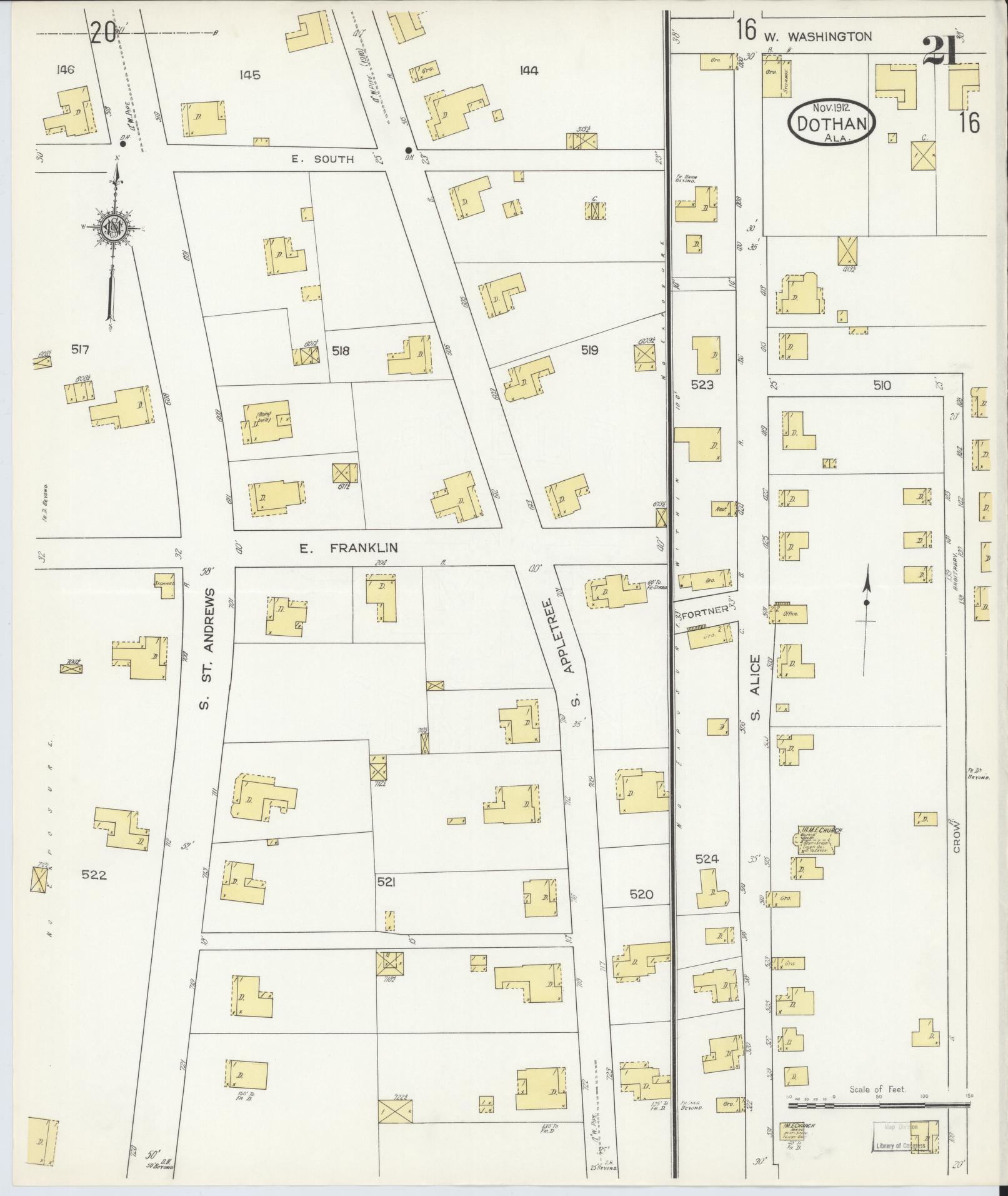 Sanborn Fire Insurance Map from Dothan, Houston County, Alabama (1912), Sheet #0021 - Historic Sanborn Fire Insurance Map Print, vintage old map wall art, antique decor, genealogy gift, Alabama Alabama map