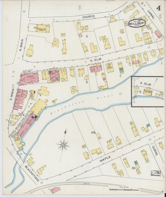 Sanborn Fire Insurance Map from Millbury, Worcester County, Massachusetts (1894), Sheet #0004 - Historic Sanborn Fire Insurance Map Print, vintage old map wall art, antique decor, genealogy gift, Massachusetts Massachusetts map