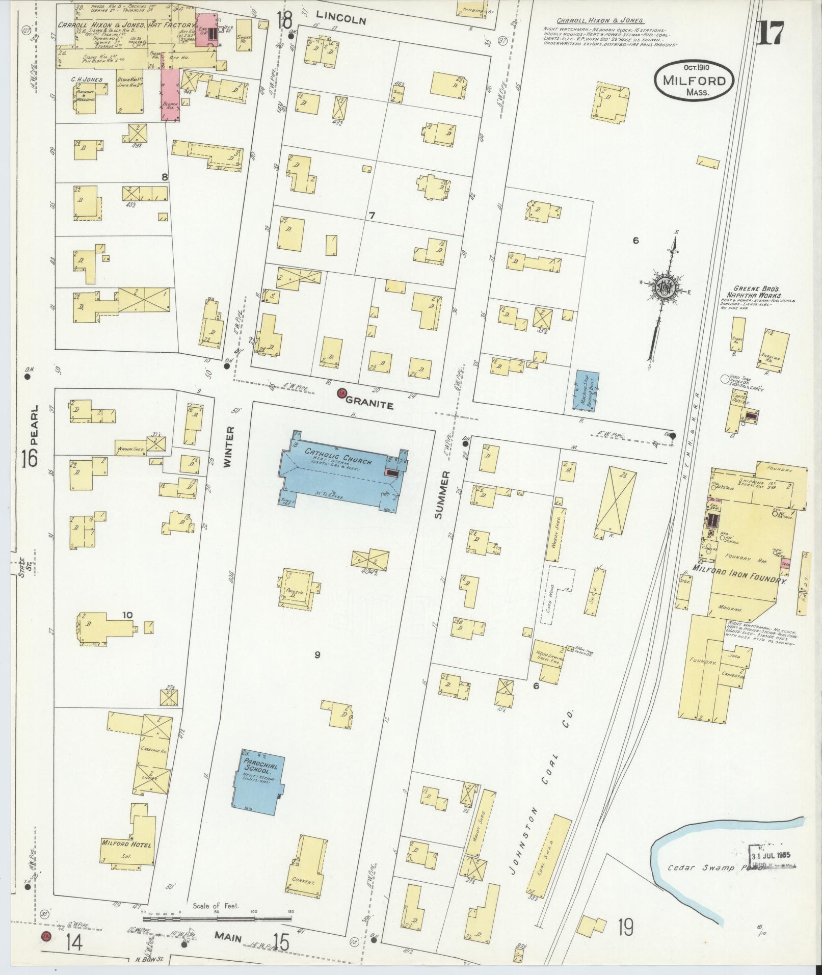 Sanborn Fire Insurance Map from Milford, Worcester County, Massachusetts (1910), Sheet #0017 - Complete Map Set gallery image, historic Sanborn map, vintage wall art, Massachusetts Massachusetts