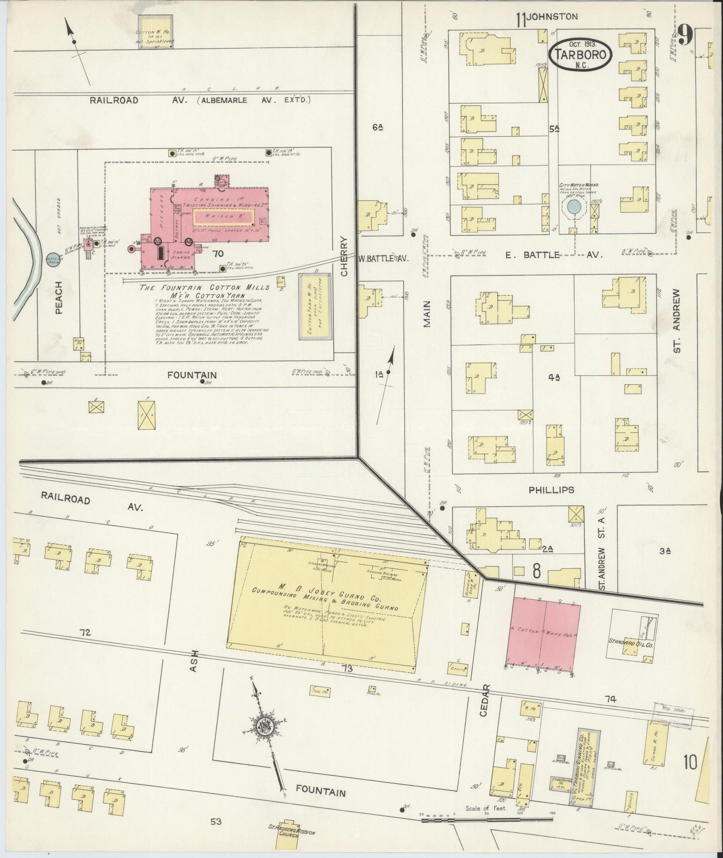 Sanborn Fire Insurance Map from Tarboro, Edgecombe County, North Carolina (1913), Sheet #0009 - Complete Map Set gallery image, historic Sanborn map, vintage wall art, North Carolina North Carolina