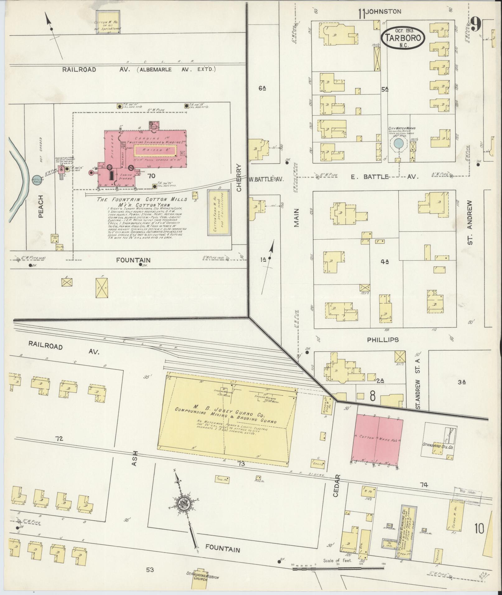 Sanborn Fire Insurance Map from Tarboro, Edgecombe County, North Carolina (1913), Sheet #0009 - Complete Map Set gallery image, historic Sanborn map, vintage wall art, North Carolina North Carolina