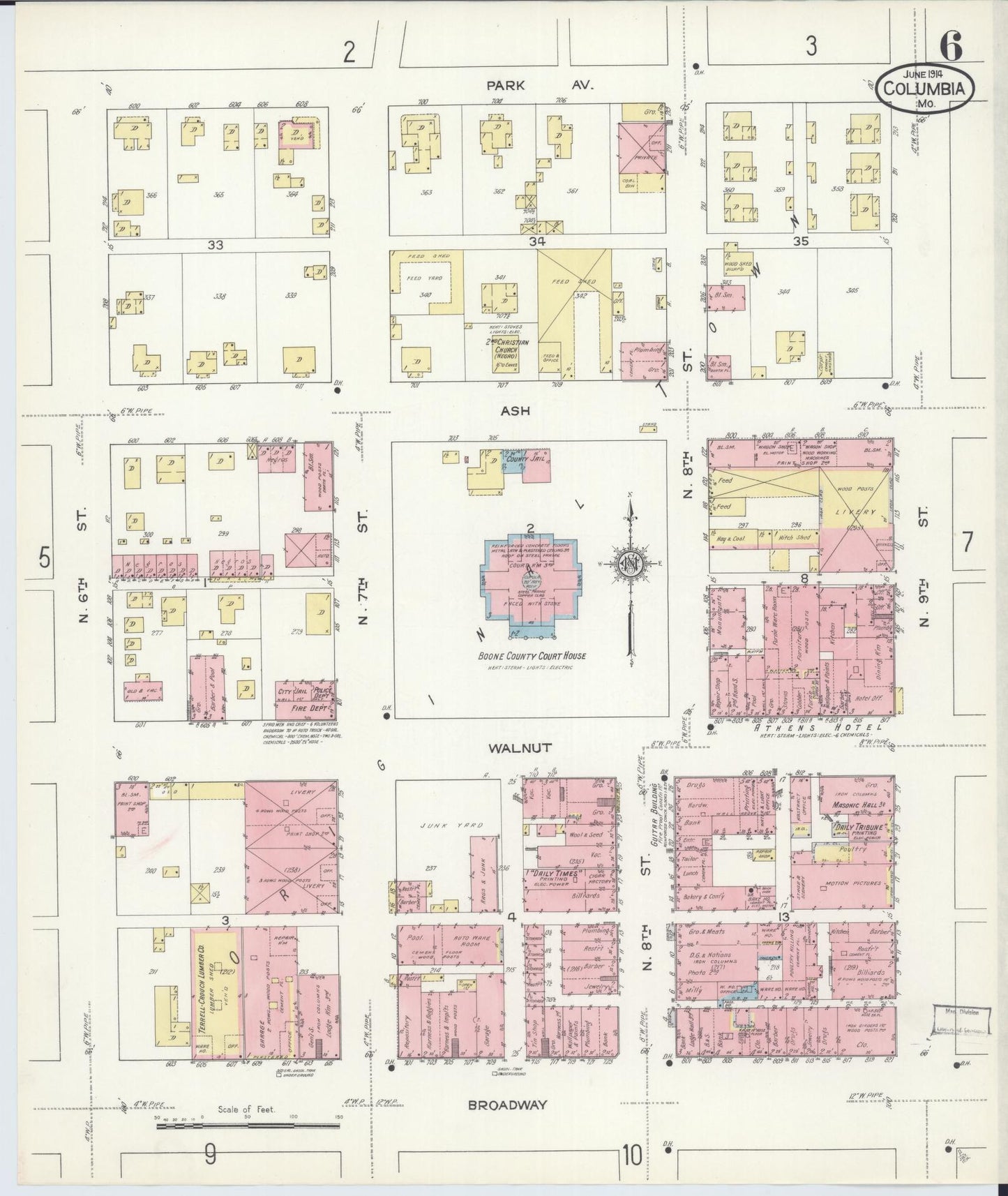 Sanborn Fire Insurance Map from Columbia, Boone County, Missouri (1914), Sheet #0006 - Historic Sanborn Fire Insurance Map Print, vintage old map wall art, antique decor, genealogy gift, Missouri Missouri map