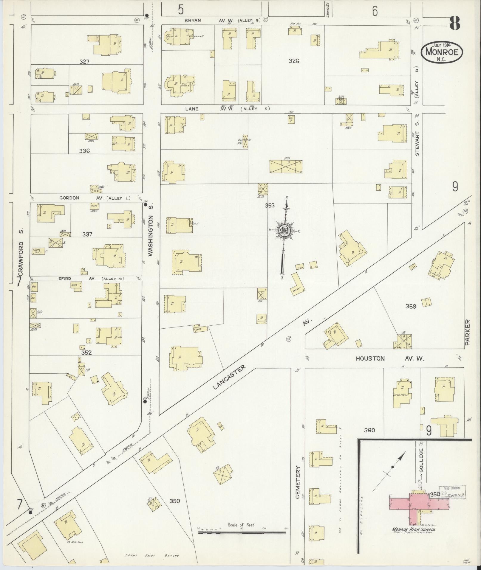 Sanborn Fire Insurance Map from Monroe, Union County, North Carolina (1914), Sheet #0008 - Complete Map Set gallery image, historic Sanborn map, vintage wall art, North Carolina North Carolina